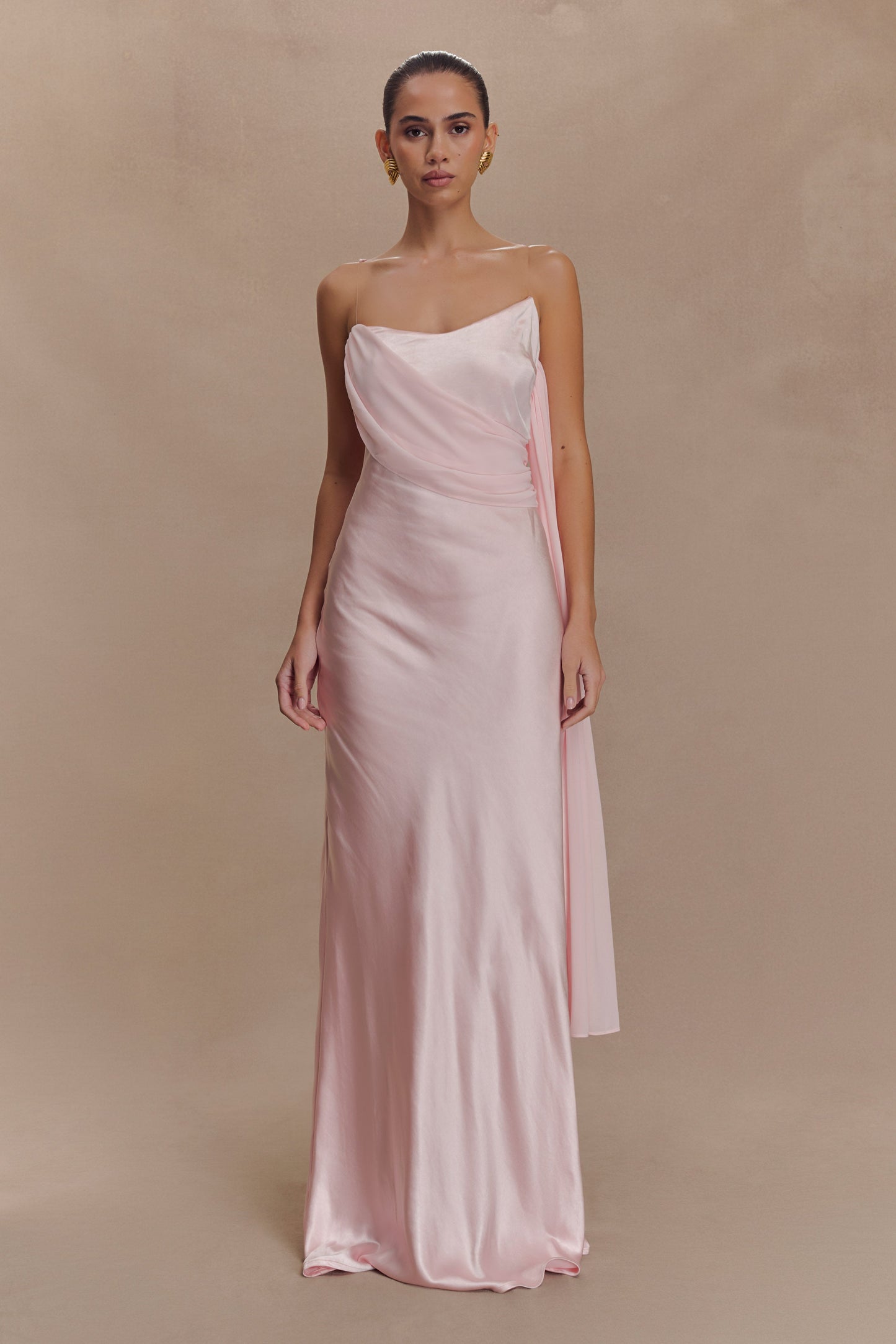 Robe Maxi Carah en Satin et Chiffon - Rose Pâle