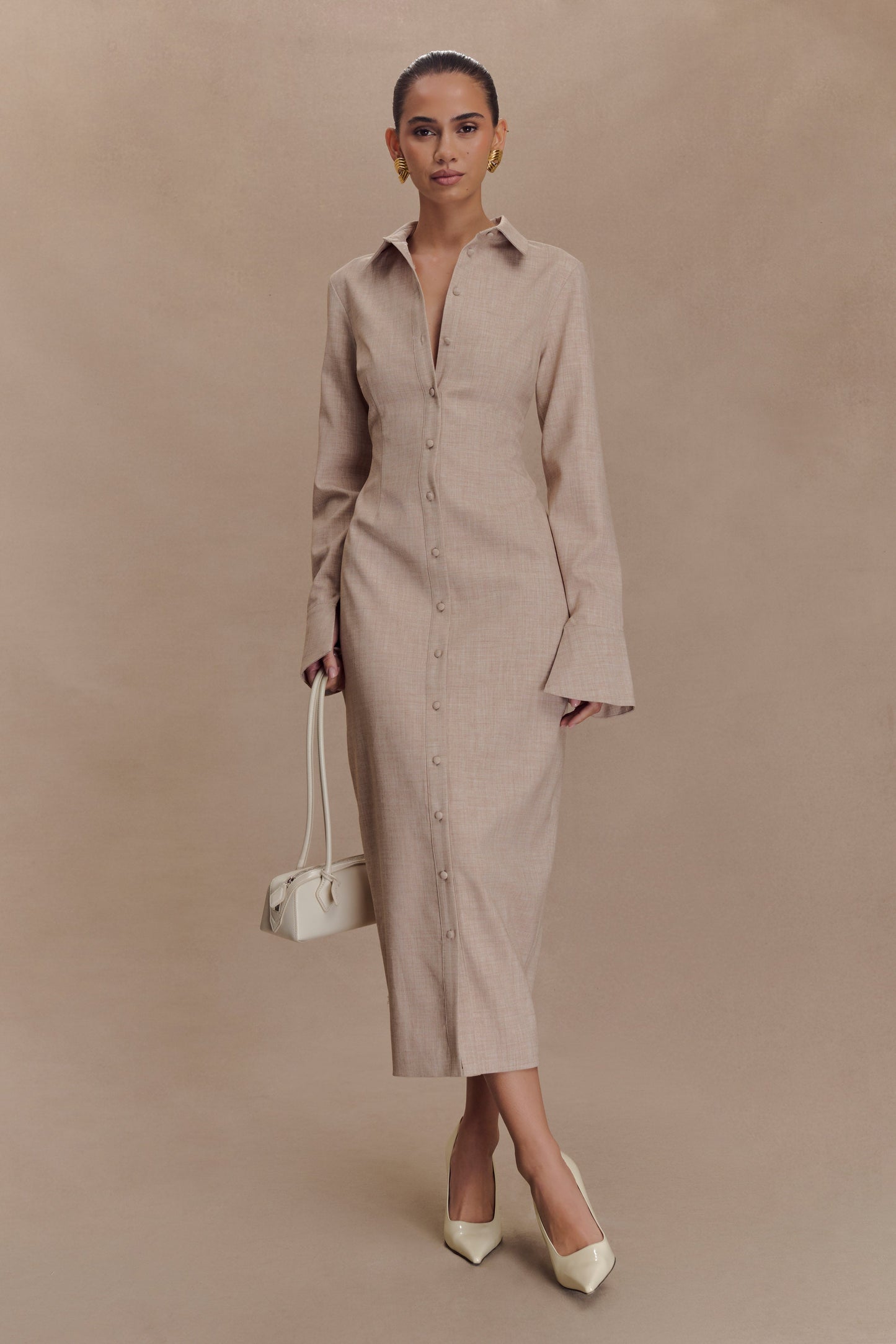 Robe midi Dorian à manches courtes, ajustée - Gris clair mêlé