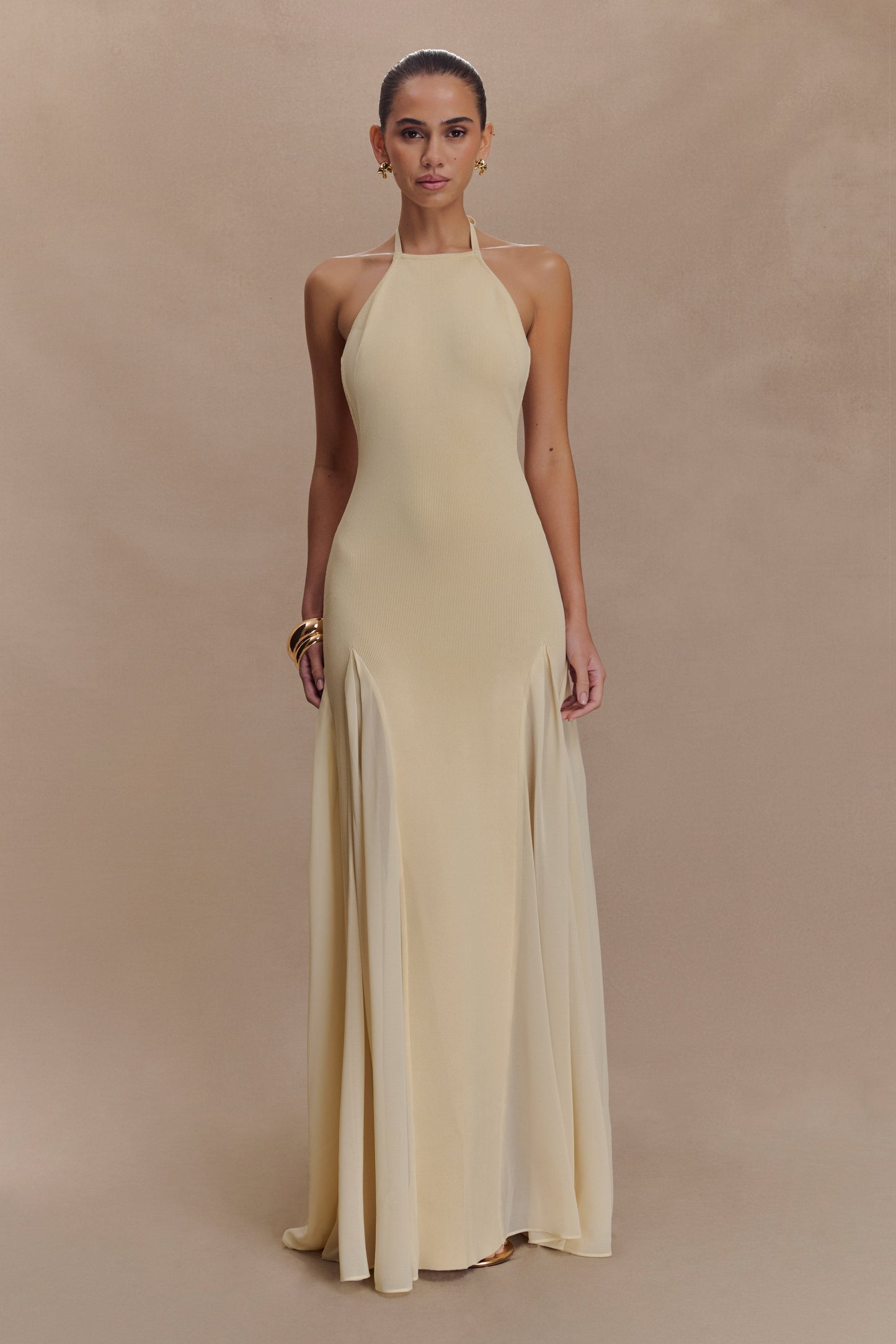 Robe Maxi Soleil en Tricot et Maille avec Décolleté Halter - Crème