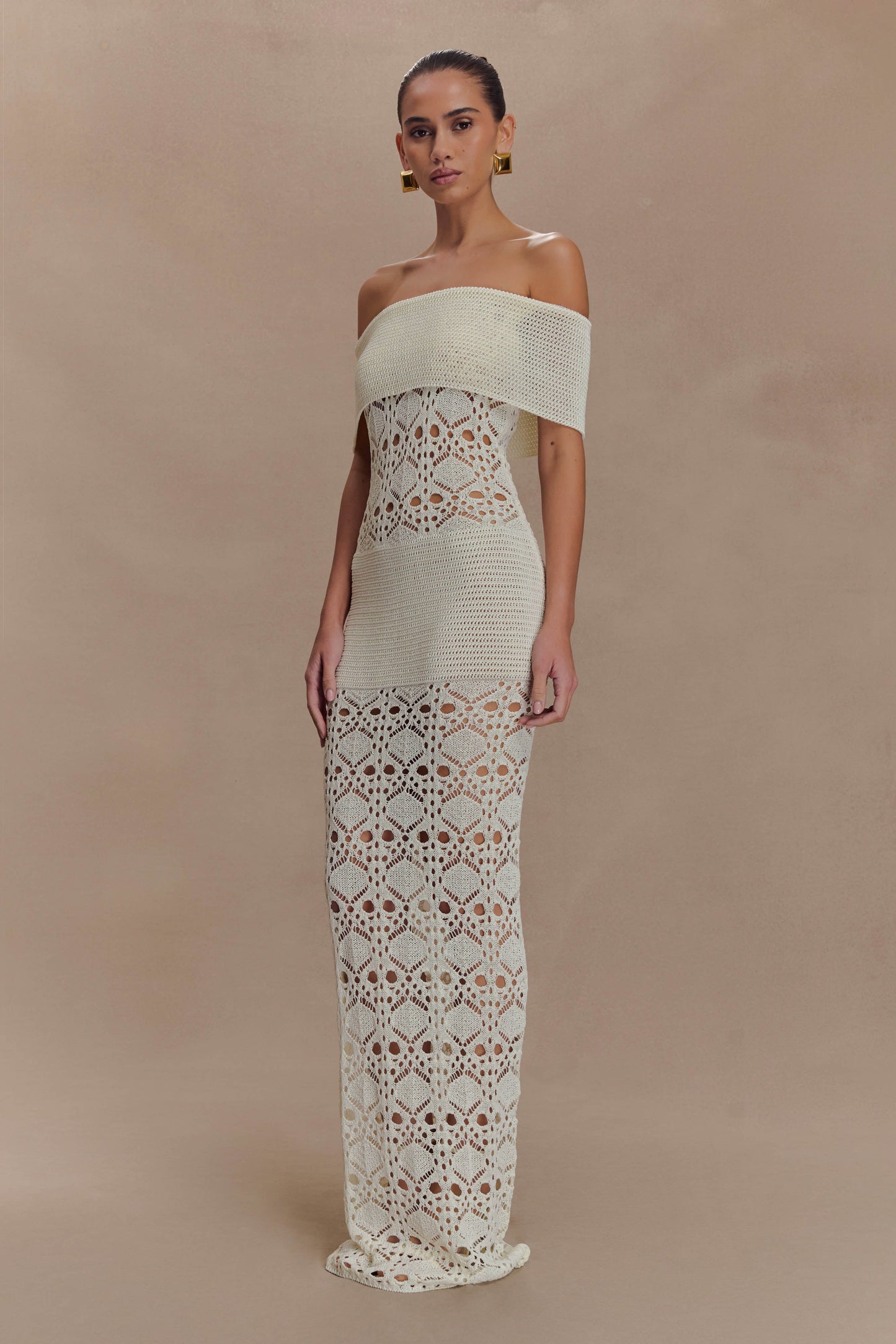 Solstice Robe Maxi Tricot Crochetee à Manches Décolletées - Ivoire
