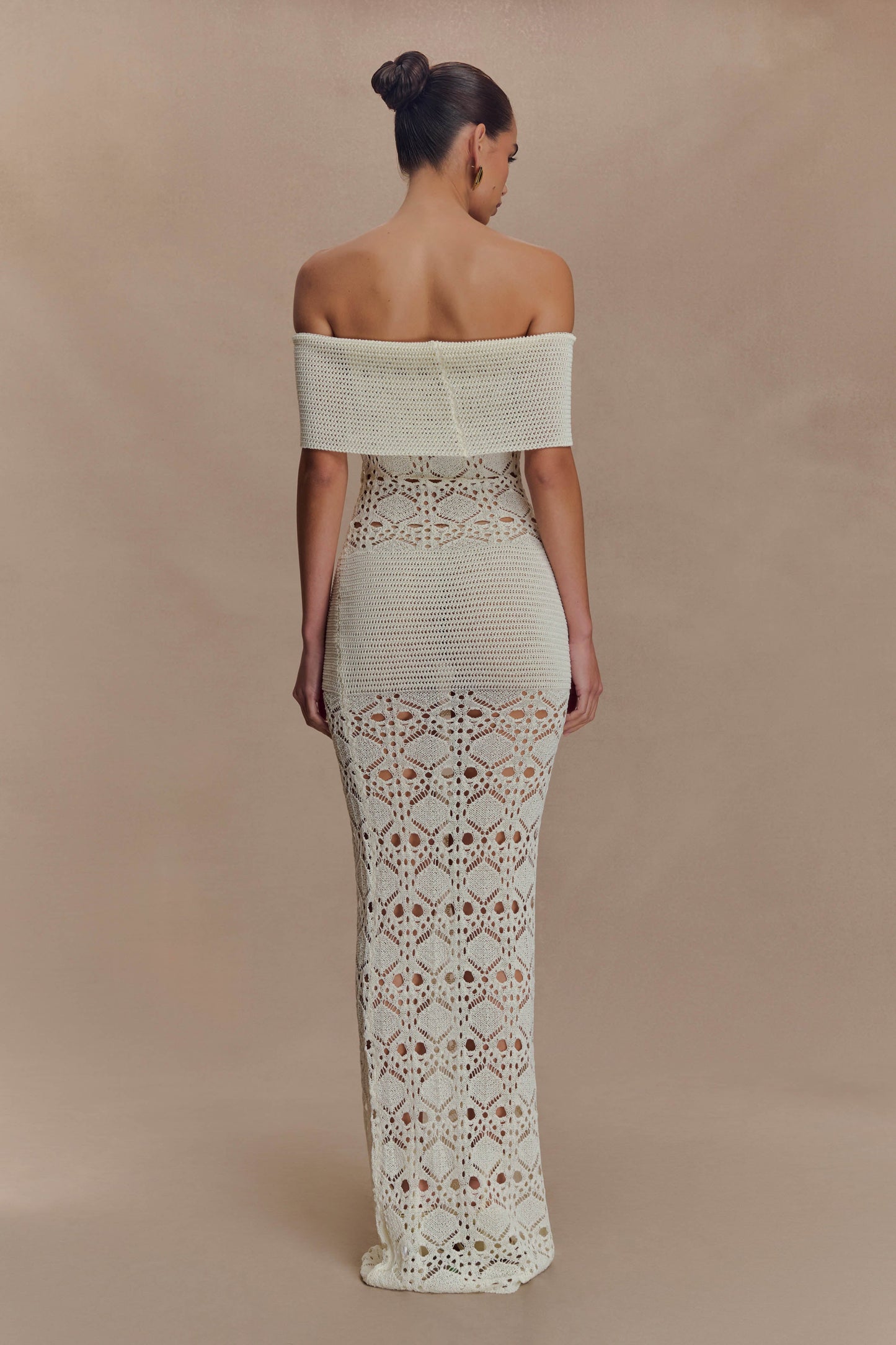Solstice Robe Maxi Tricot Crochetee à Manches Décolletées - Ivoire