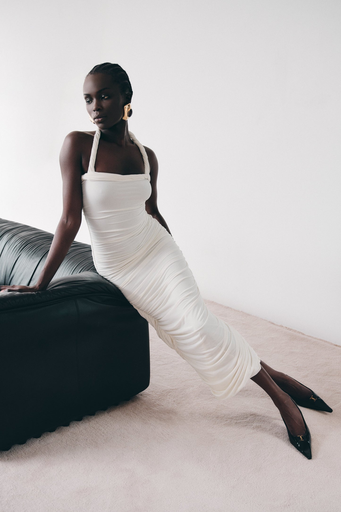 Robe midi à col montant et plis Camila - Ivoire