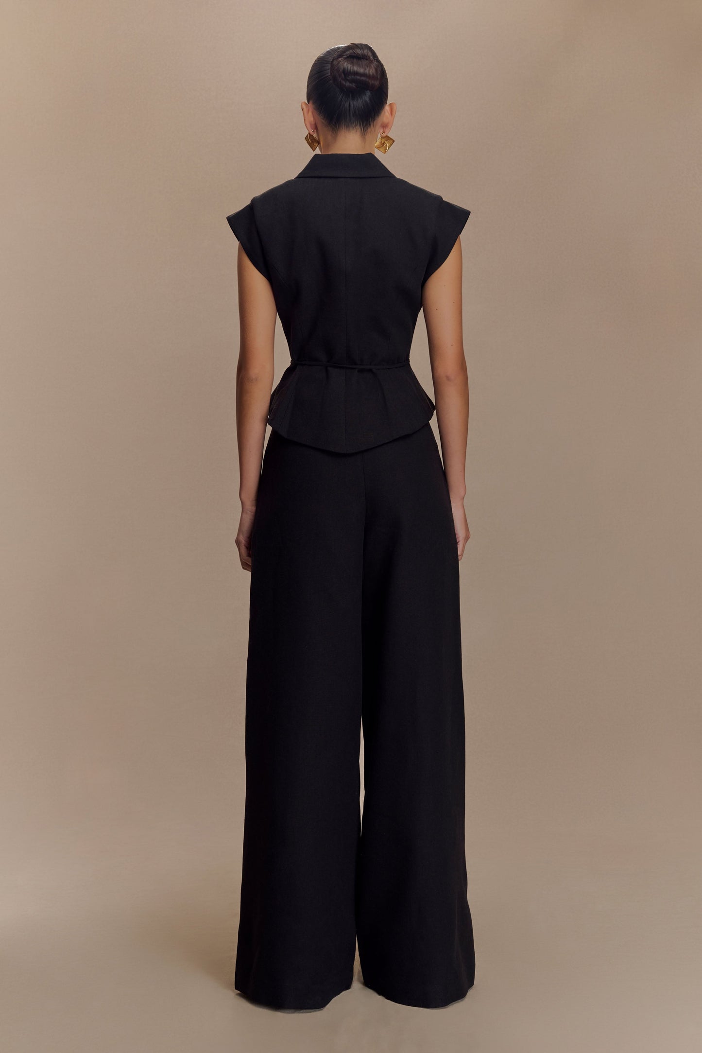 Pantalon en lin à jambes larges et taille mi-hauteur Raya - Noir