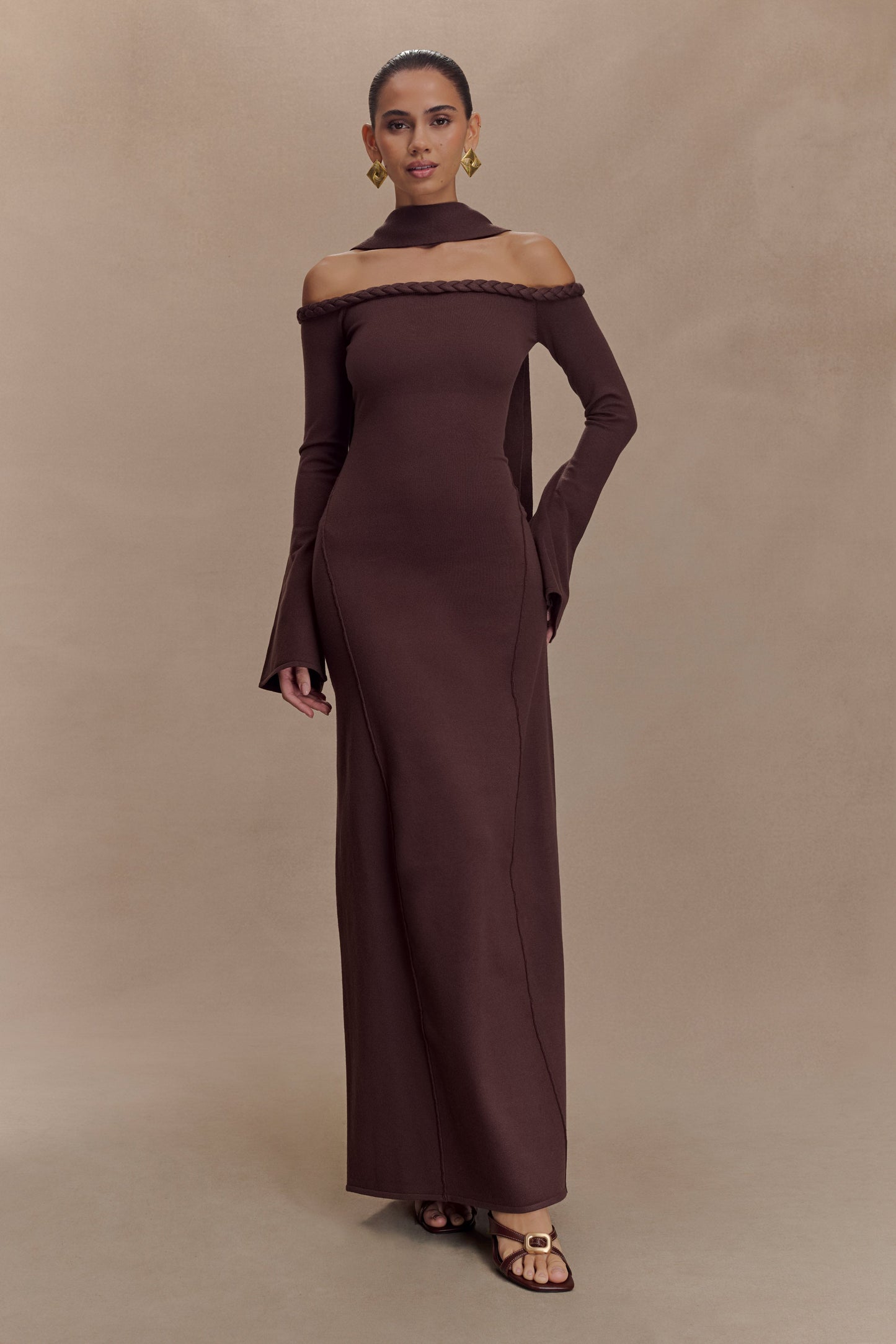 Robe Maxi en Tricot sans Bretelles Heidi avec Écharpe - Chocolat Noir