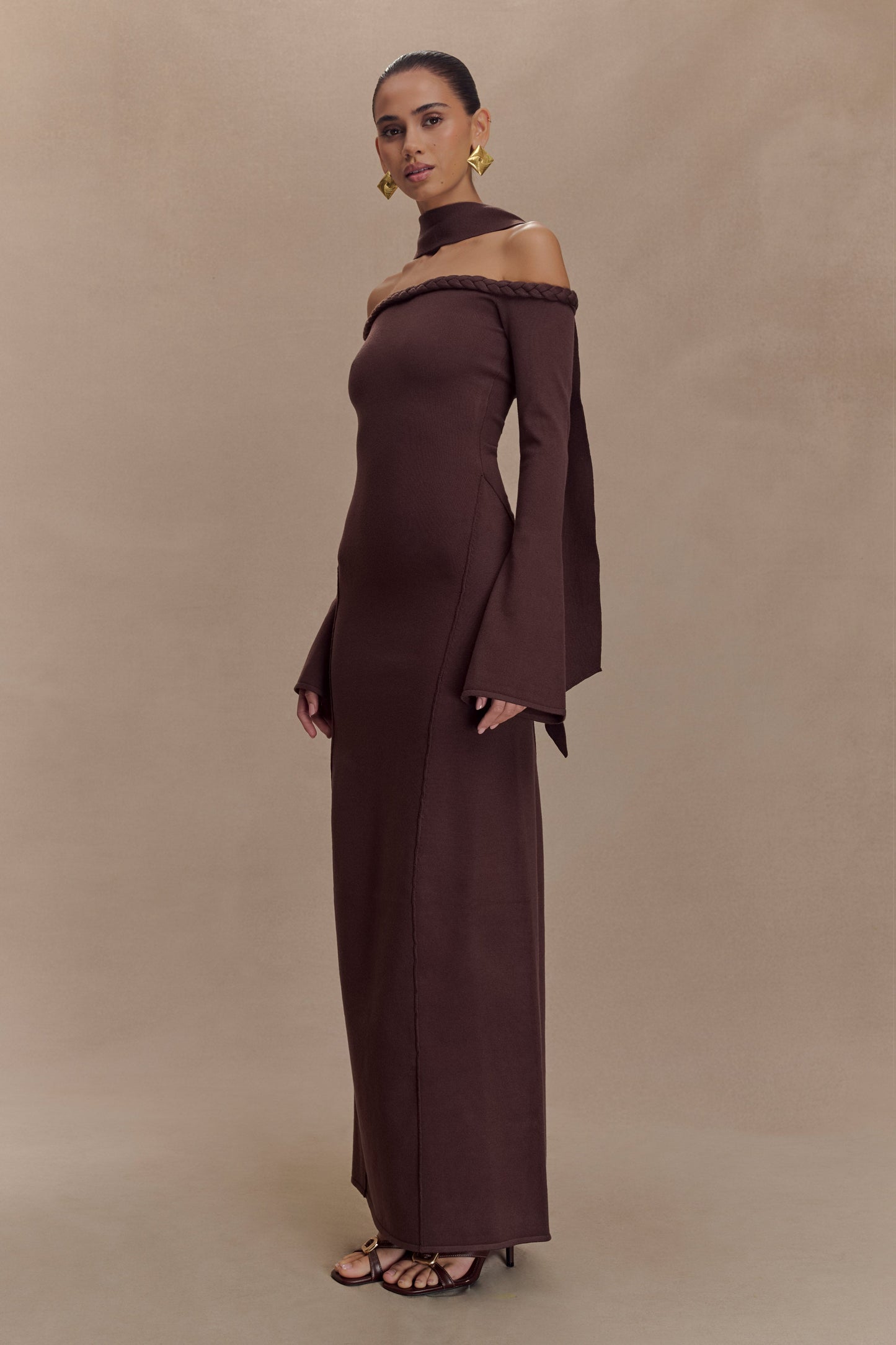 Robe Maxi en Tricot sans Bretelles Heidi avec Écharpe - Chocolat Noir