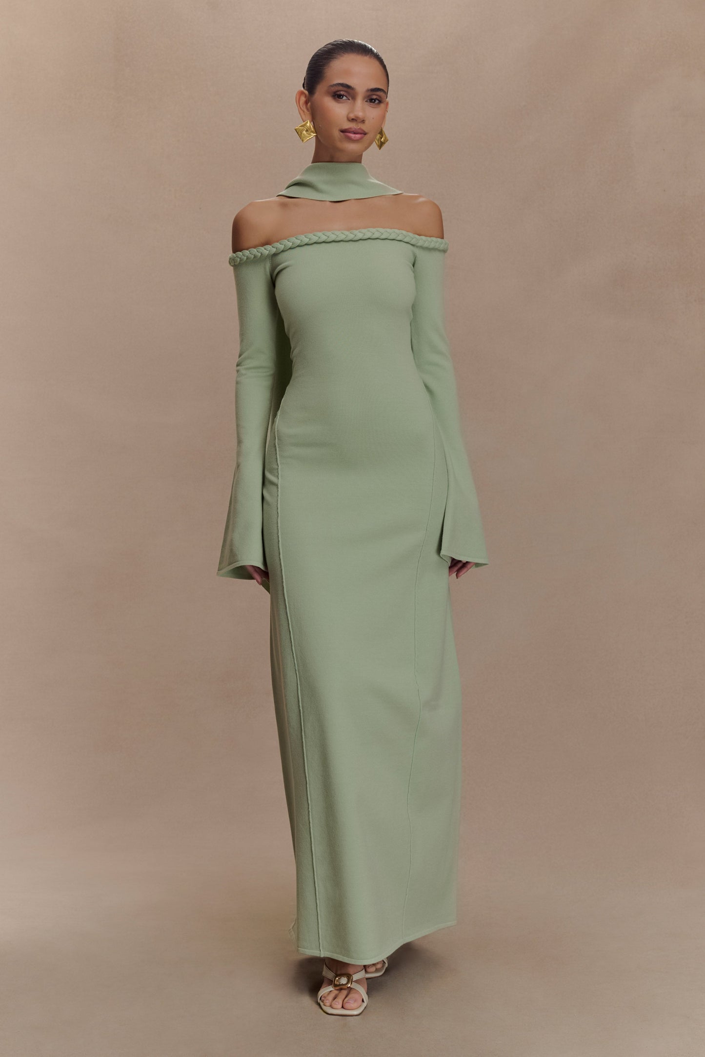 Robe Maxi en Tricot sans Bretelles Heidi avec Écharpe - Vert Pastel