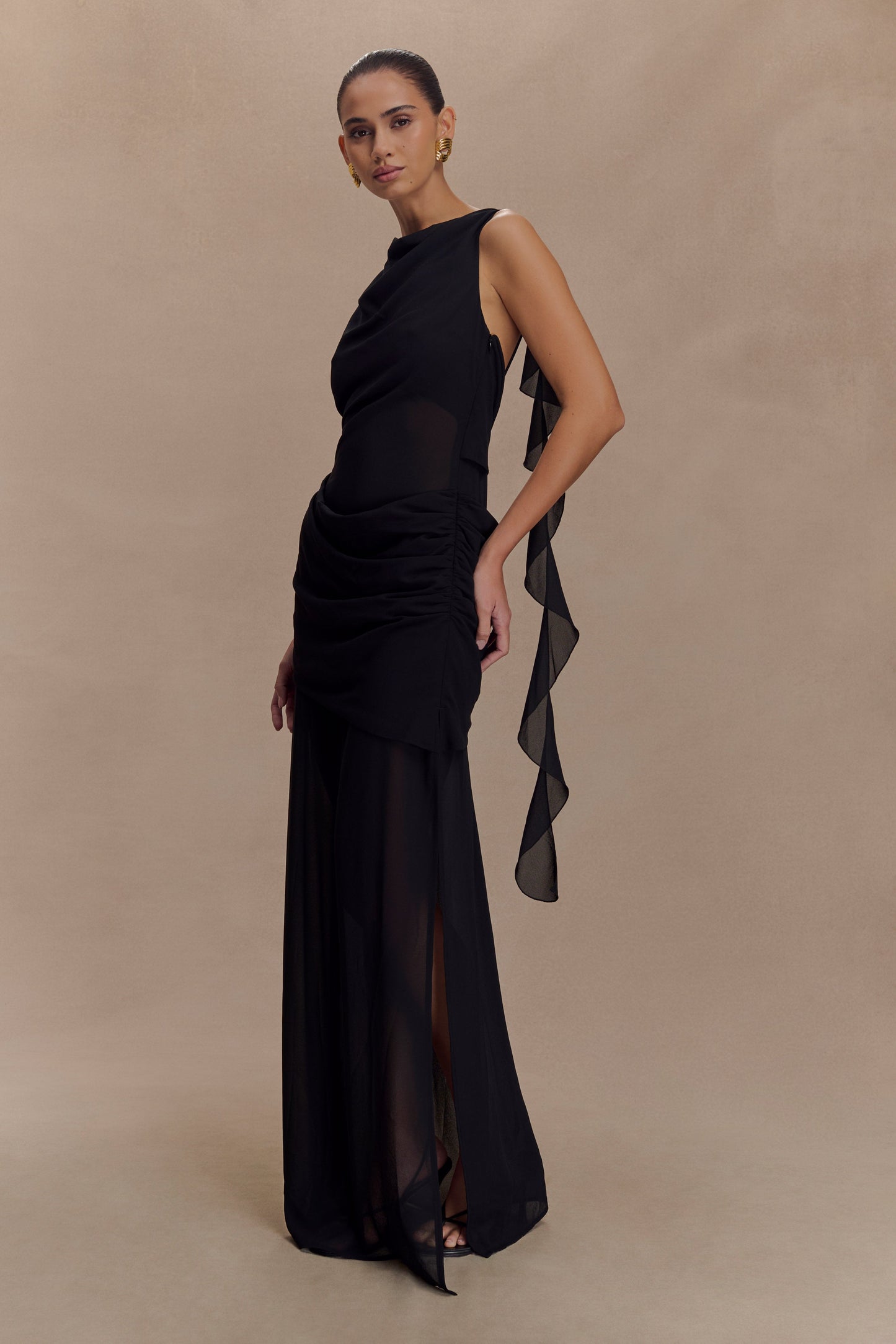 Robe Maxi en Chiffon Drapée Daria - Noire