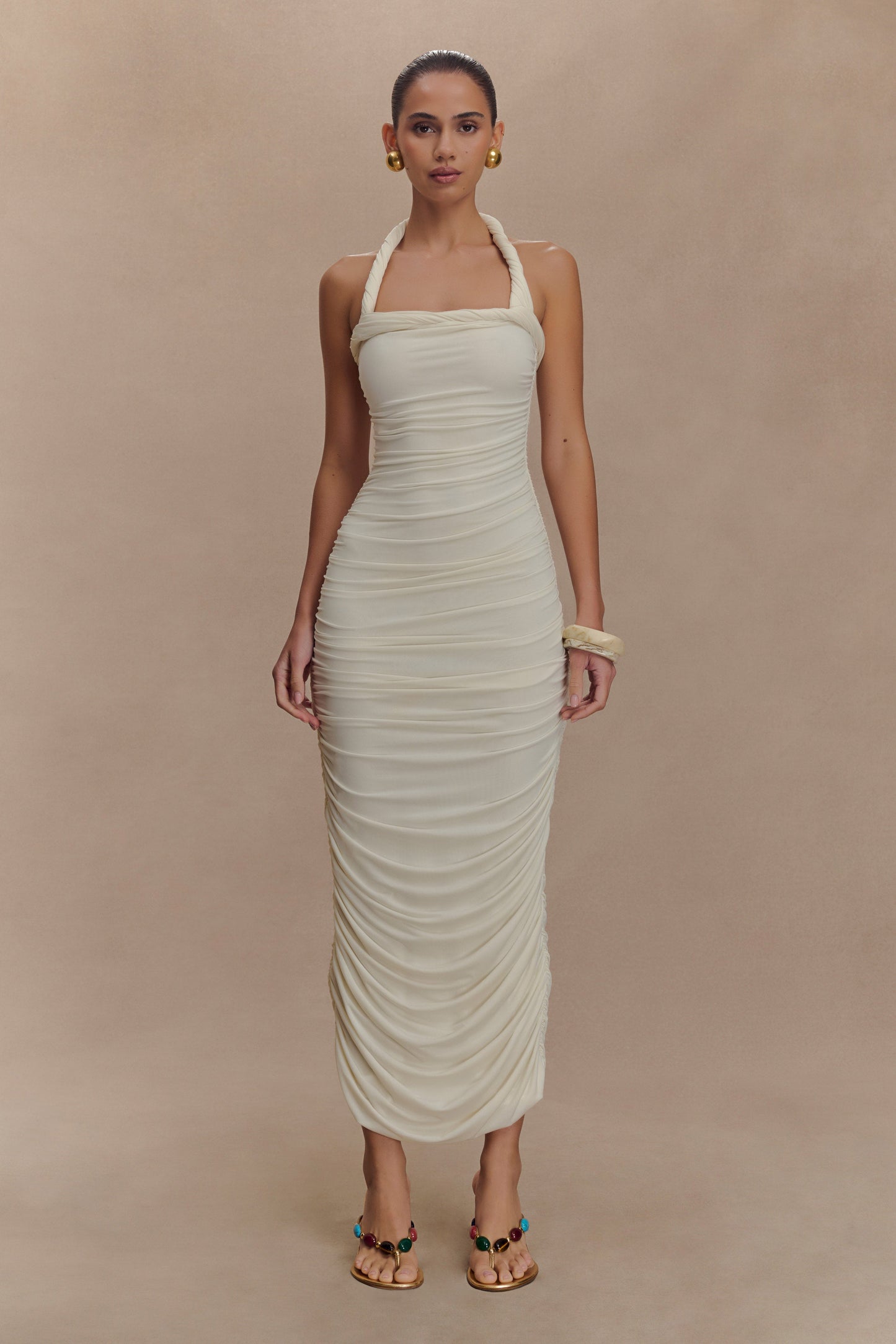 Robe midi à col montant et plis Camila - Ivoire