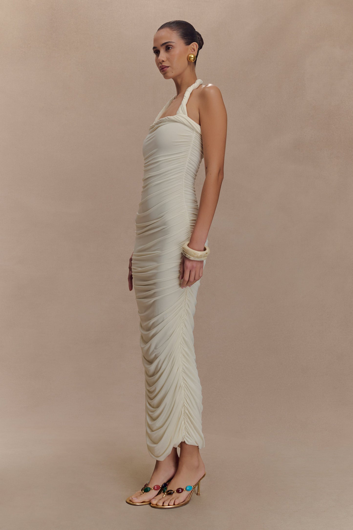Robe midi à col montant et plis Camila - Ivoire