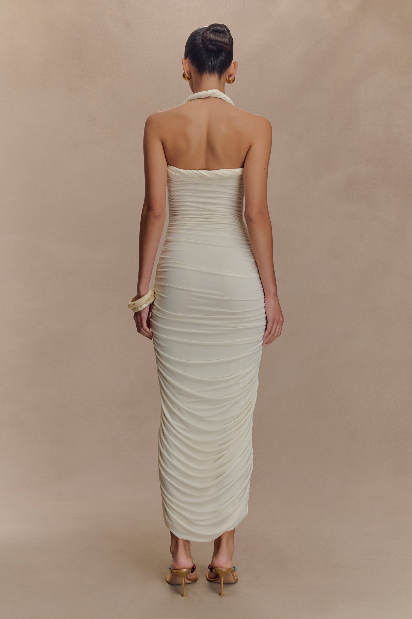 Robe midi à col montant et plis Camila - Ivoire