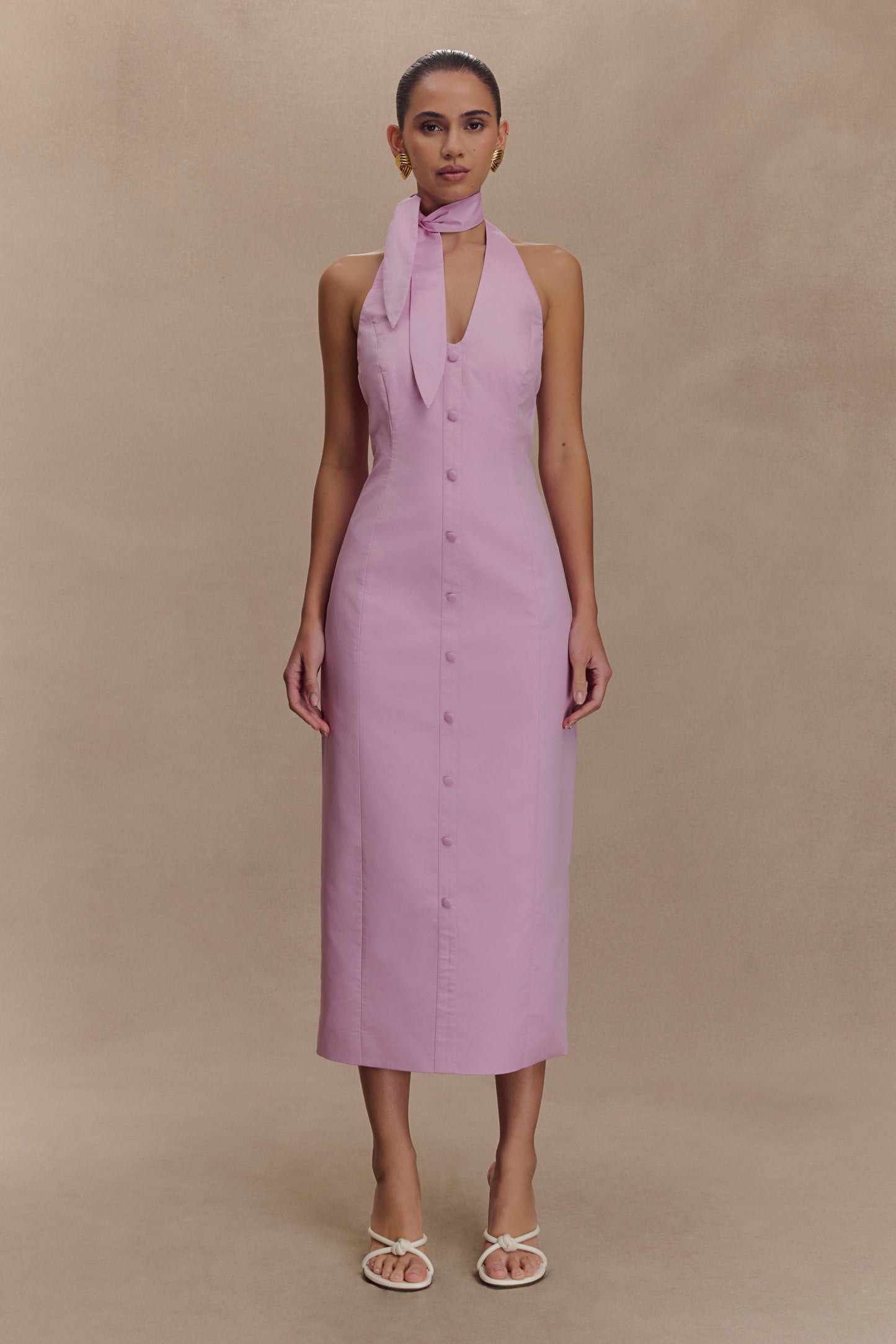 Robe midi à col halter Simona - Rose poudré