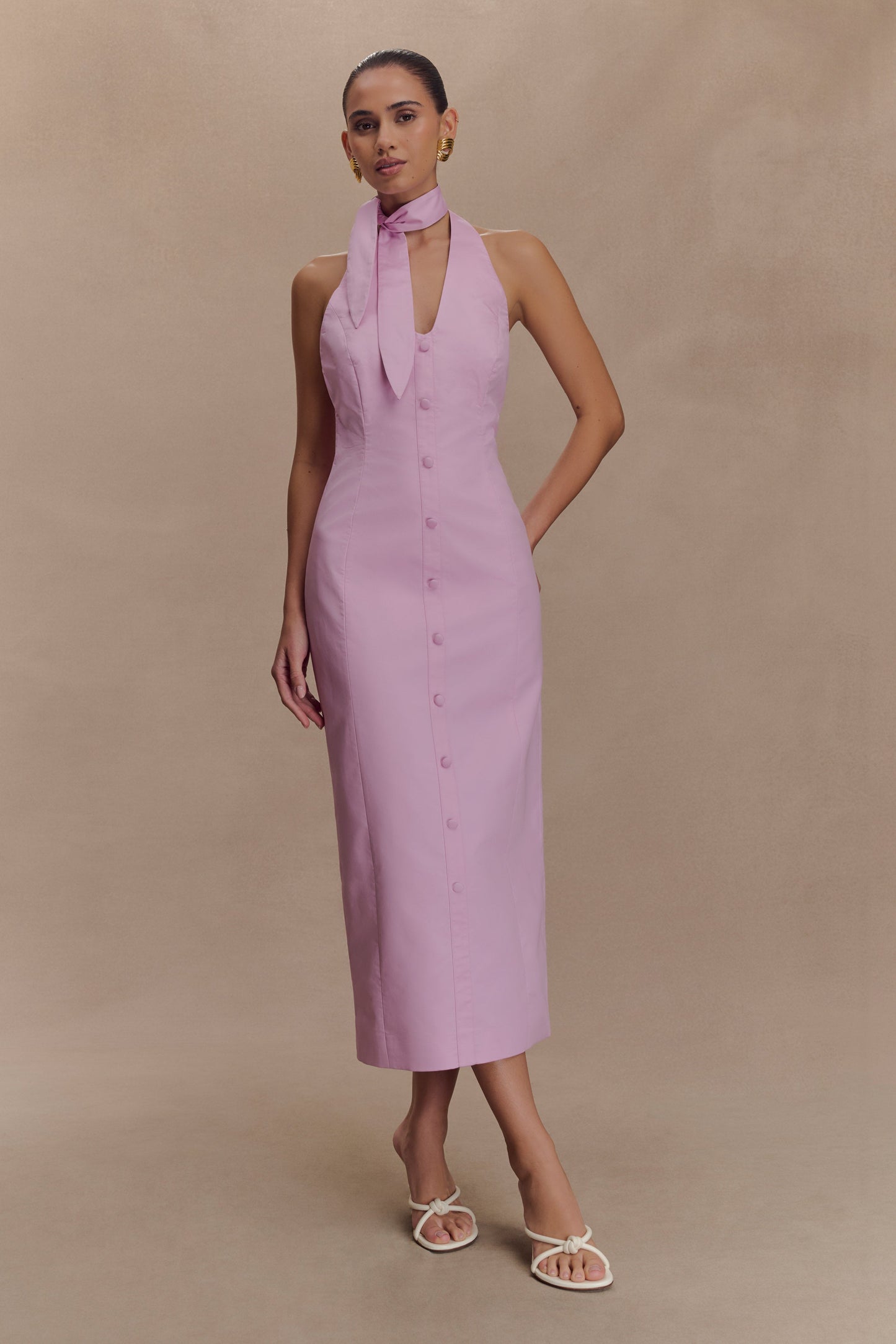 Robe midi à col halter Simona - Rose poudré