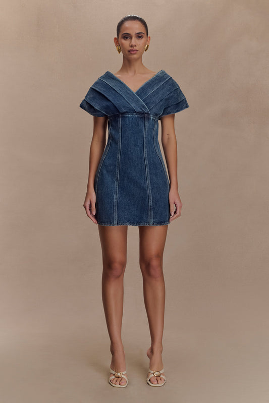 Mini-robe en jean à épaules dénudées Pascale - Bleu foncé délavé