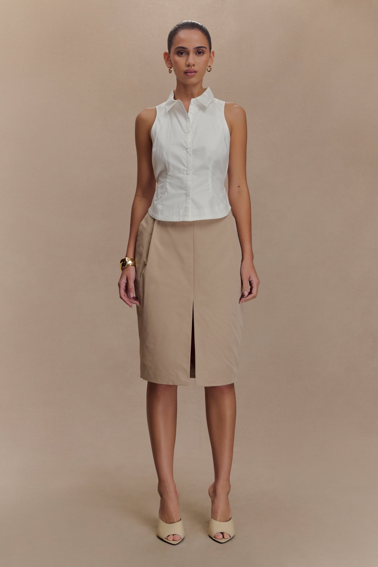 Jupe mi-longueur Vera en twill avec fente avant - Camel
