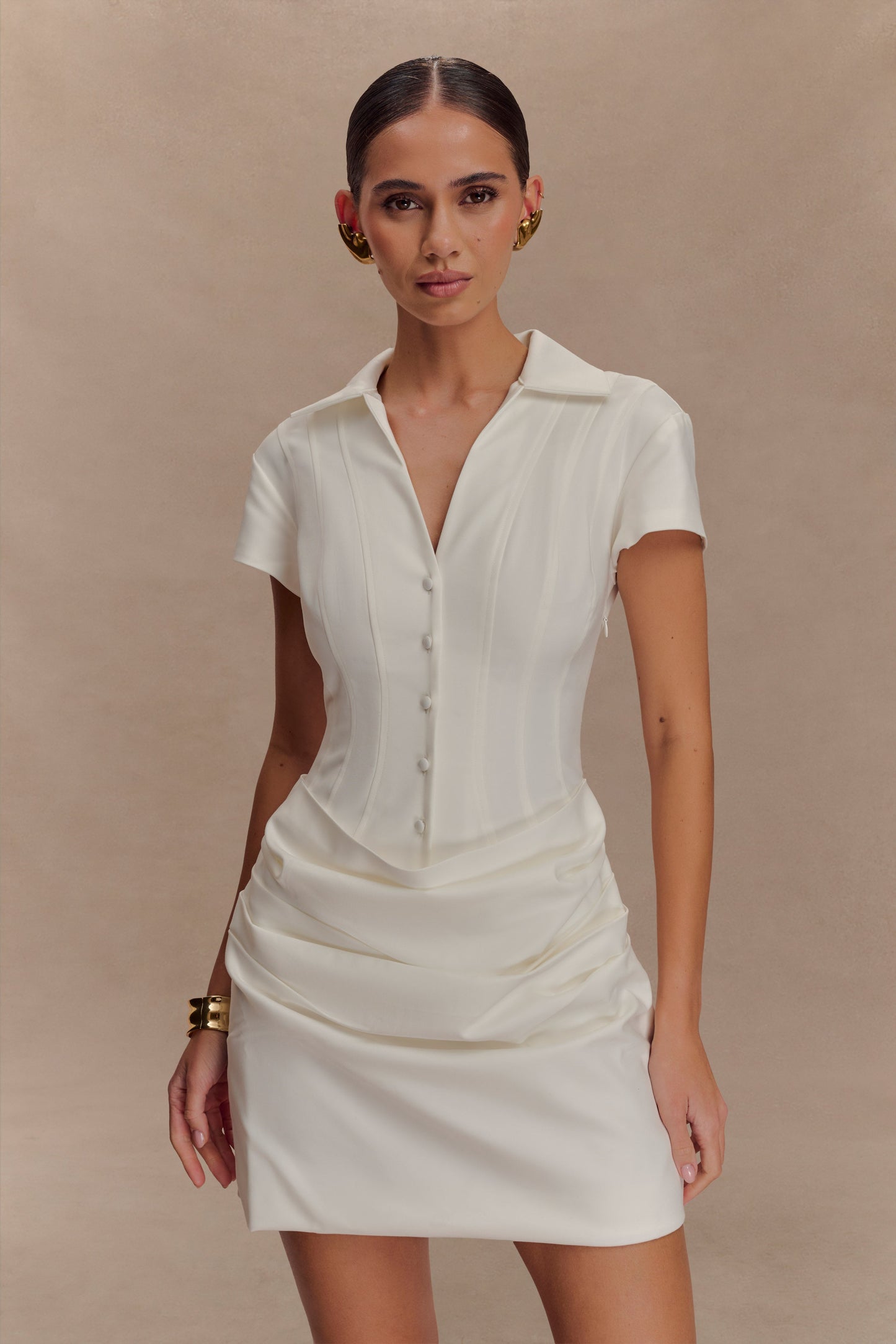 Mini-robe en coton à col montant Tarryn - Blanc