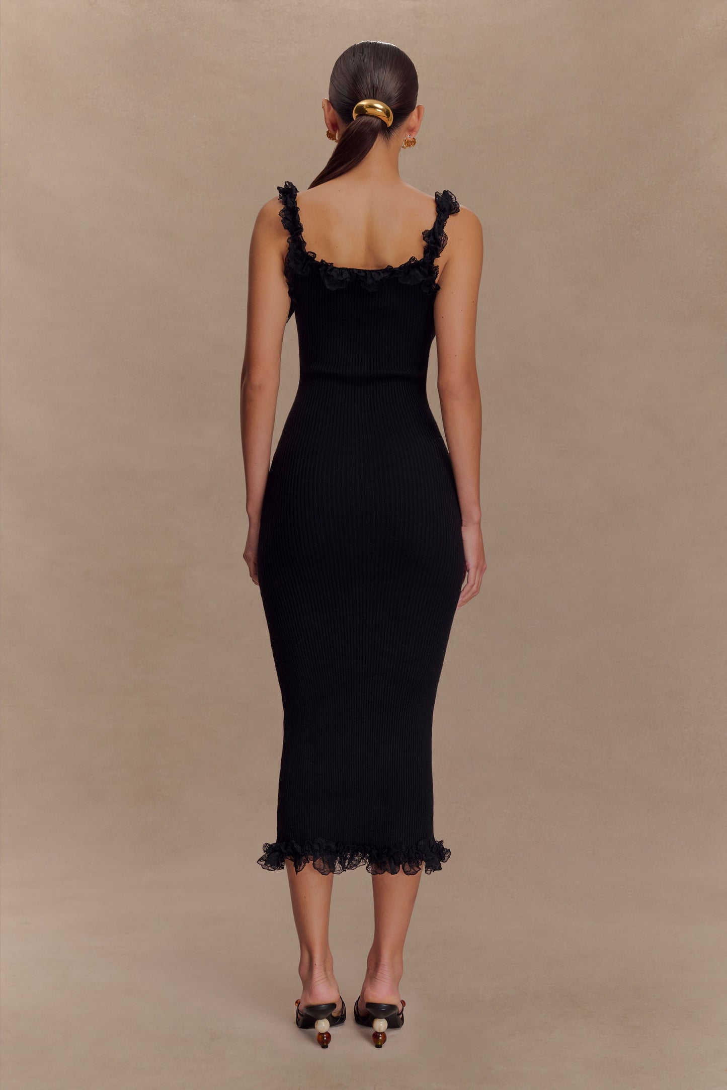 Robe mi-longue en jersey à volants et dentelle Shay - Noir