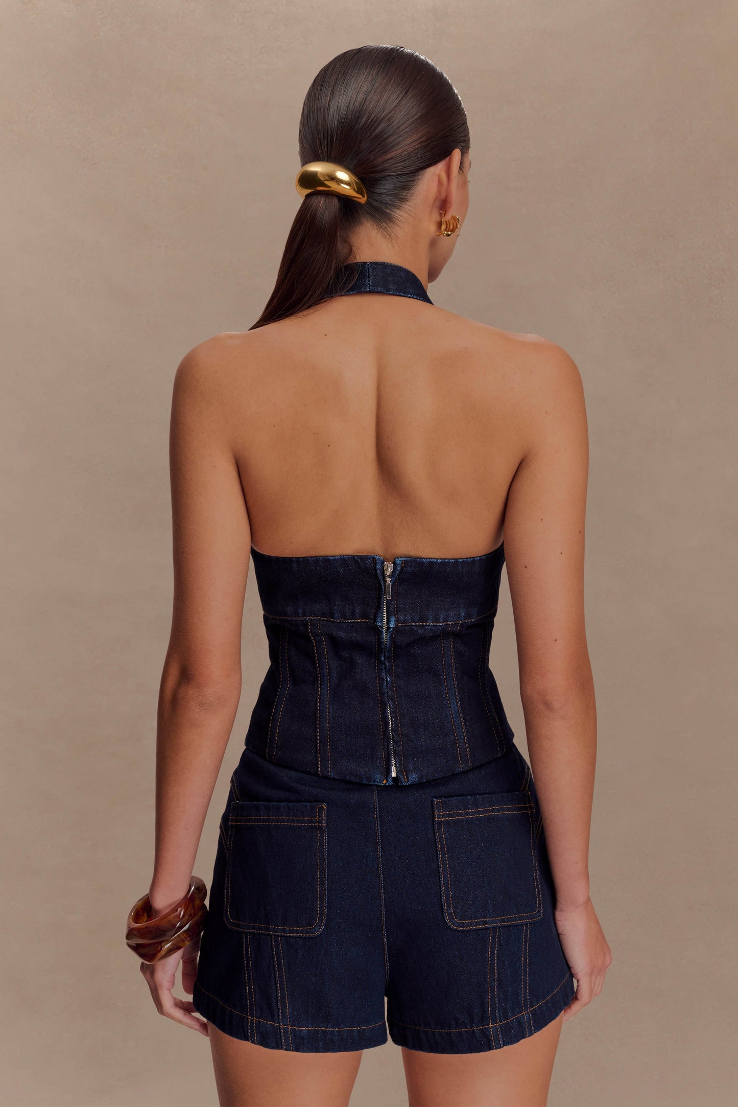 Haut-corset à porter en bandoulière en jean Meadow - Bleu indigo
