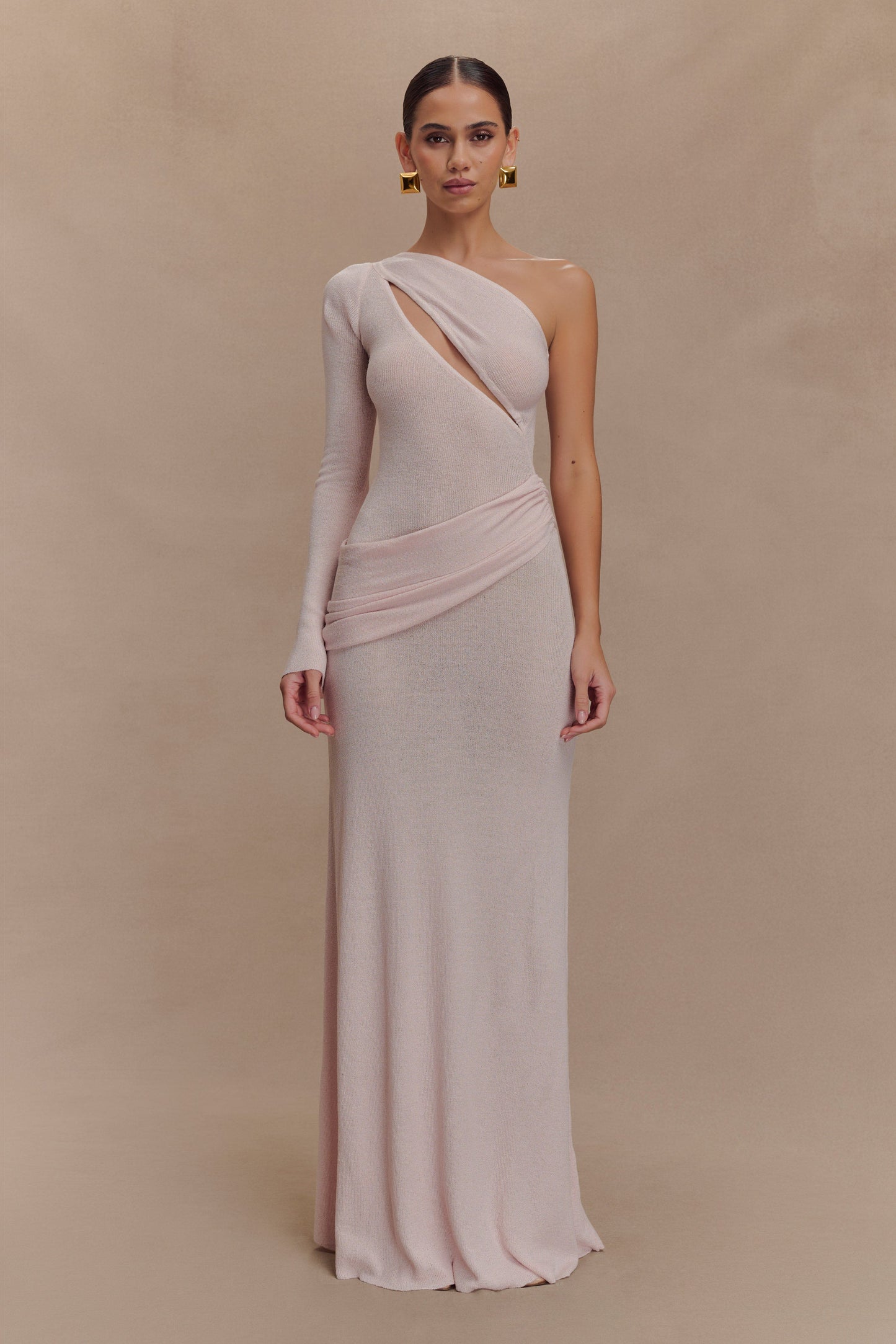 Robe Maxi Tricotée à Épaule Découverte Alexius - Rose Poussière