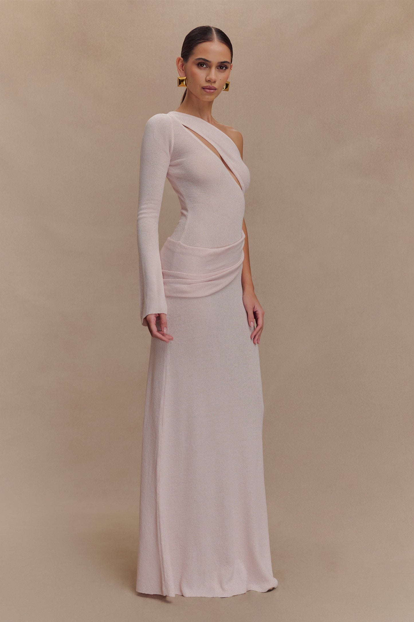 Robe Maxi Tricotée à Épaule Découverte Alexius - Rose Poussière