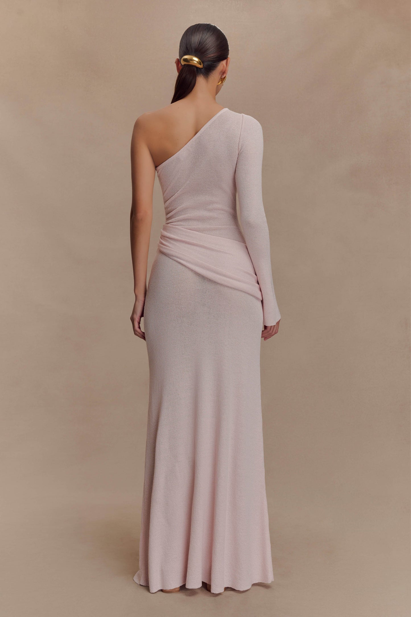 Robe Maxi Tricotée à Épaule Découverte Alexius - Rose Poussière