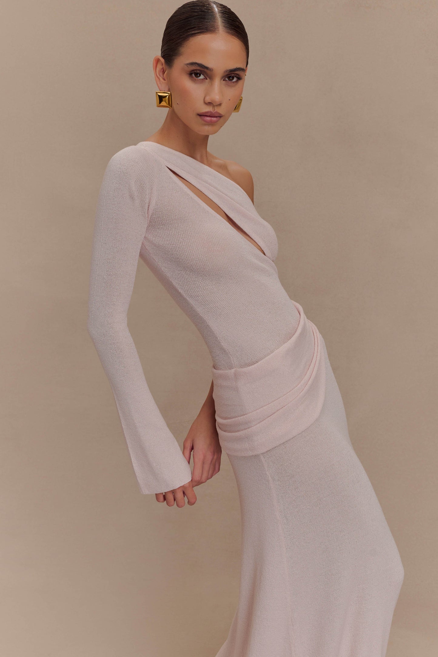 Robe Maxi Tricotée à Épaule Découverte Alexius - Rose Poussière