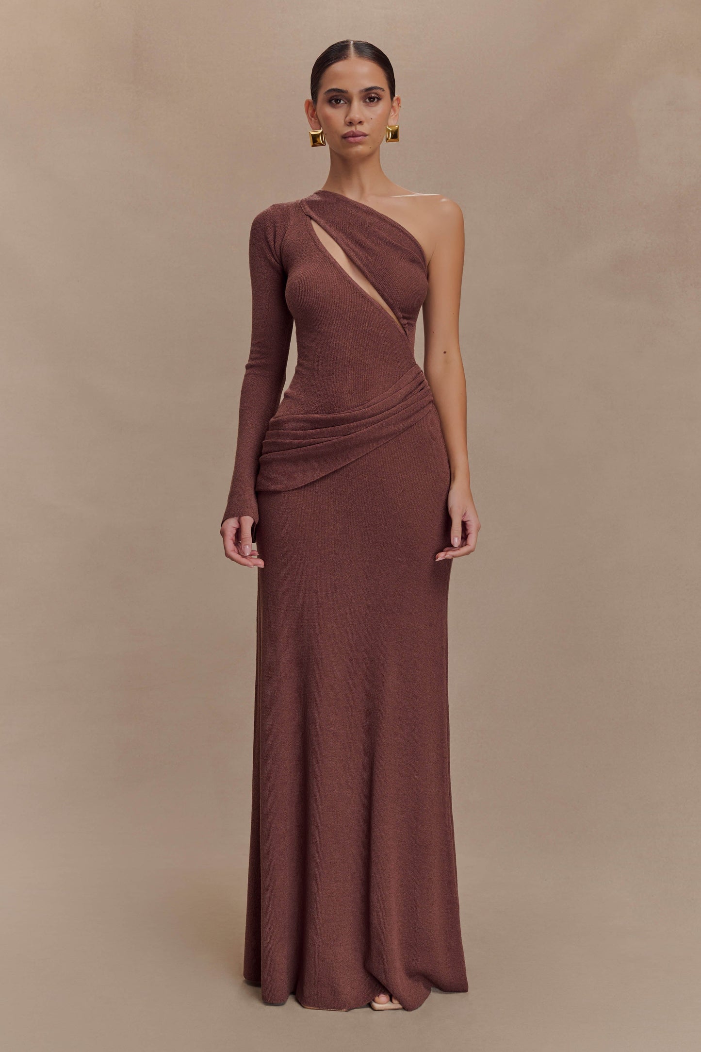 Robe Maxi Tricotée à Épaule Découverte Alexius - Muscade