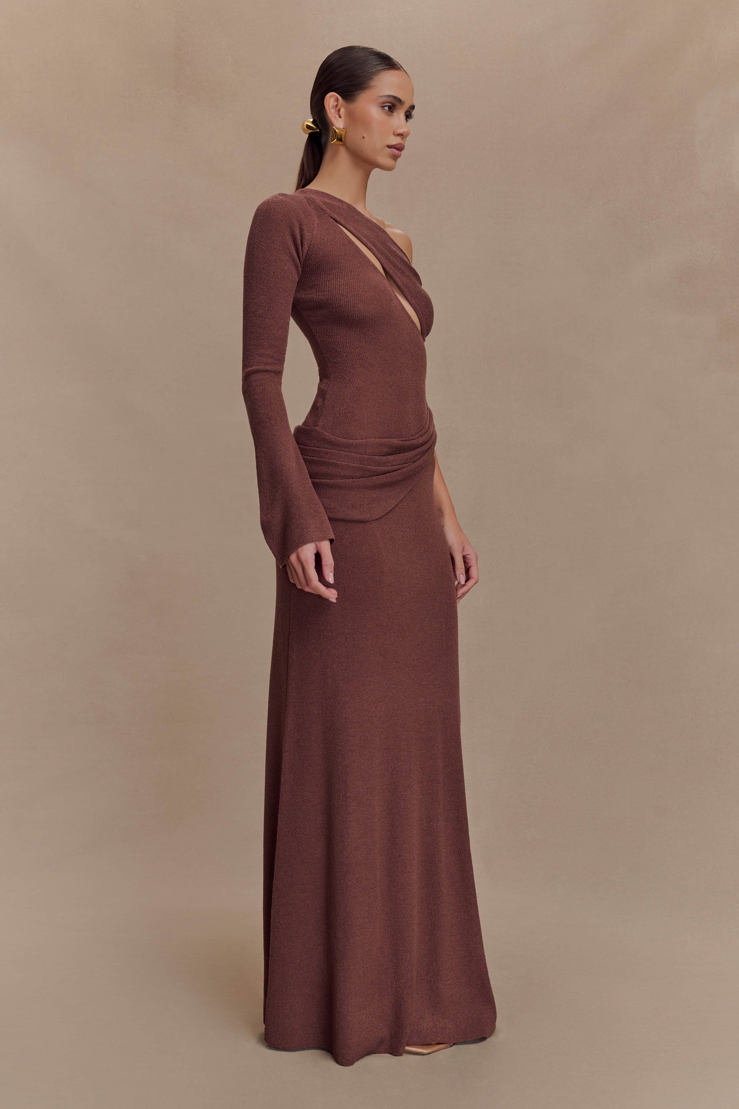 Robe Maxi Tricotée à Épaule Découverte Alexius - Muscade