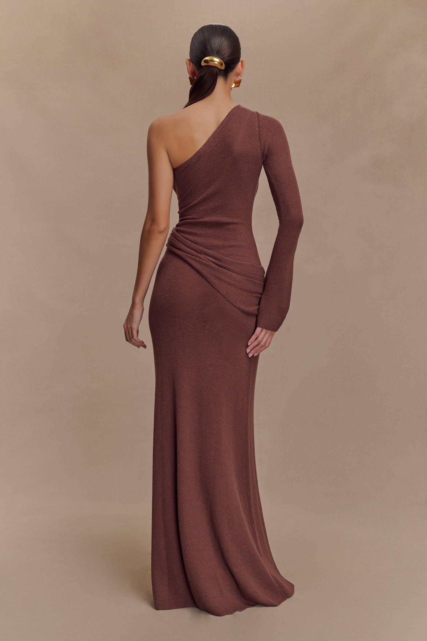 Robe Maxi Tricotée à Épaule Découverte Alexius - Muscade