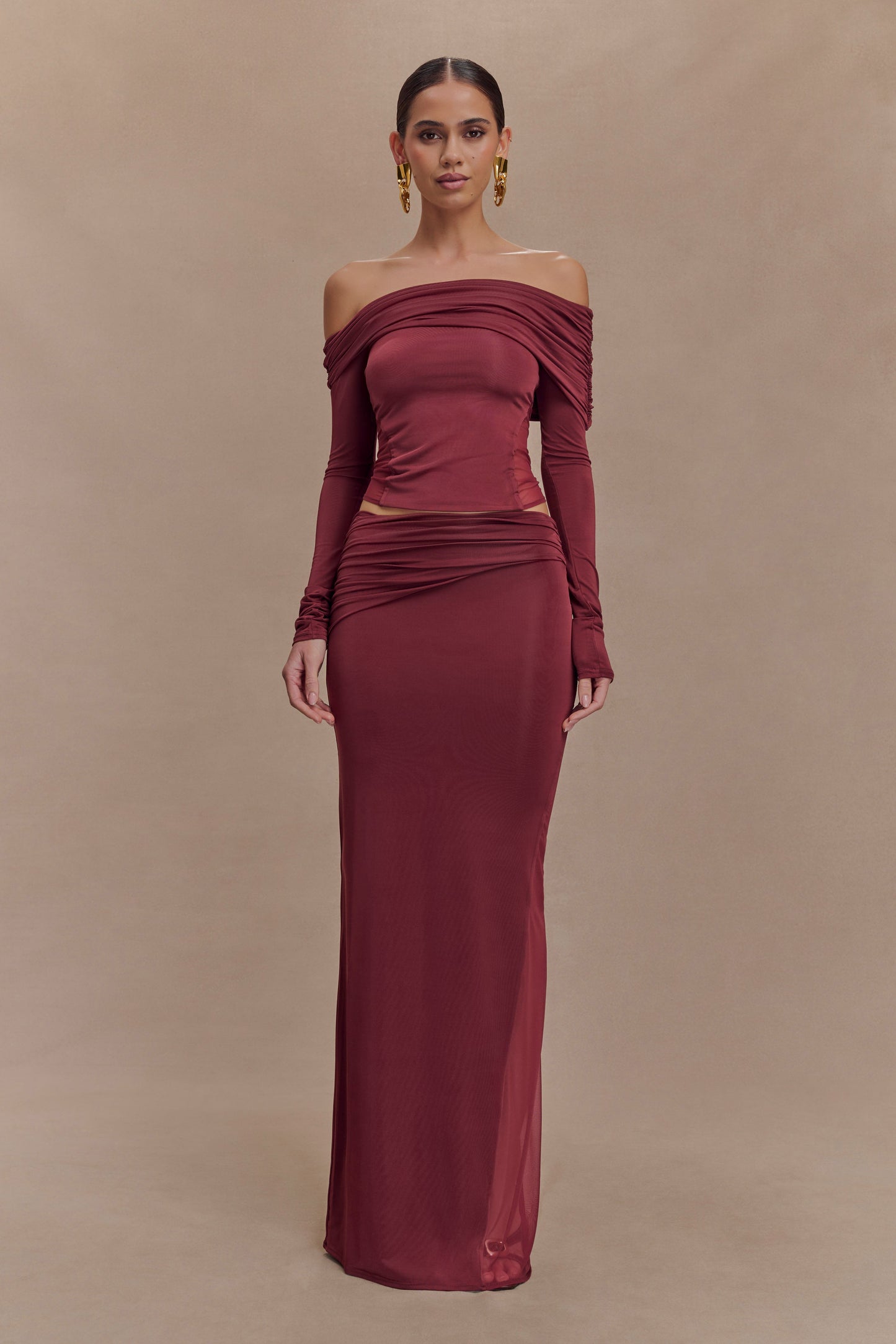 Jupe Maxi en Mousseline et Maille Judy - Vin Rouge