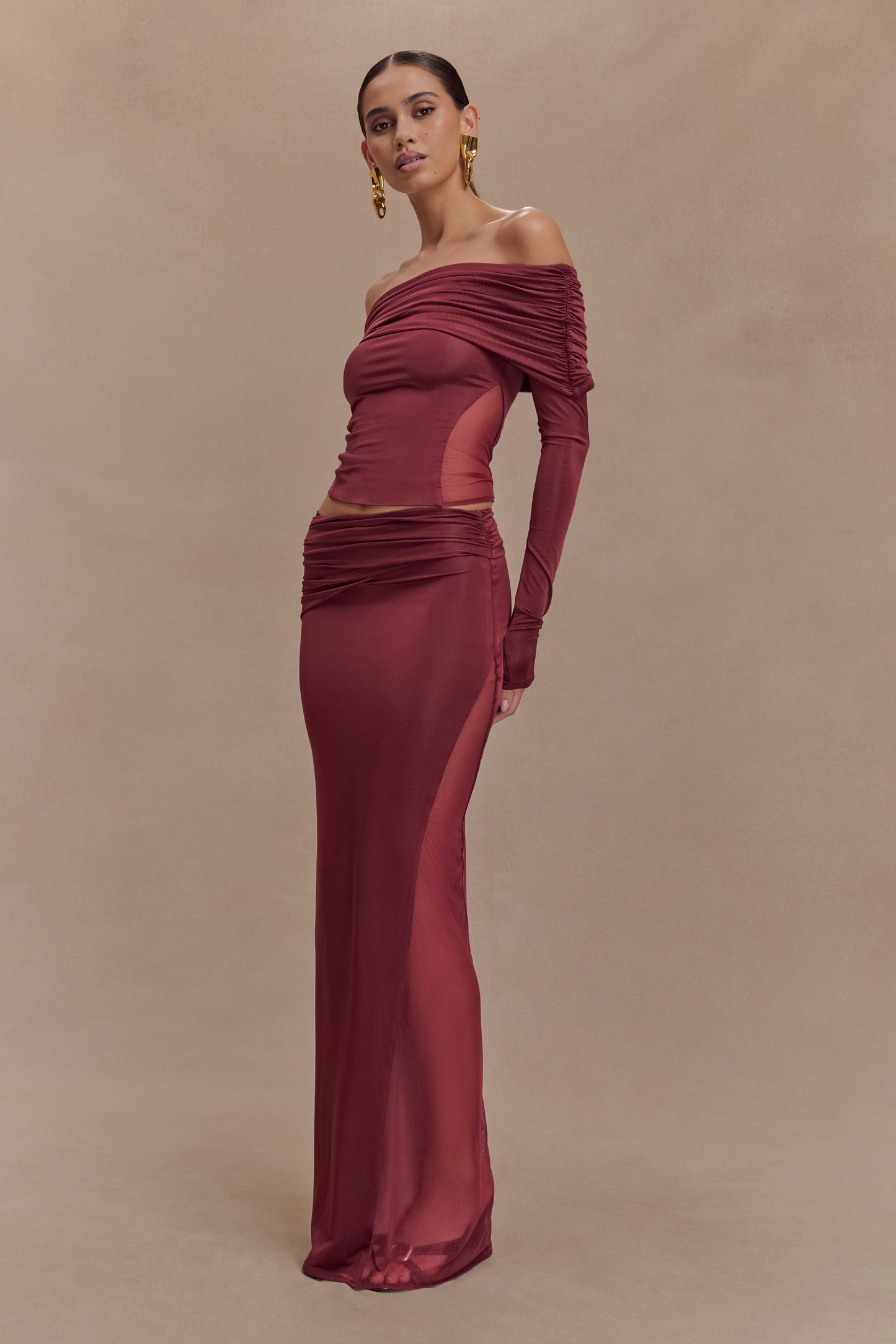 Jupe Maxi en Mousseline et Maille Judy - Vin Rouge