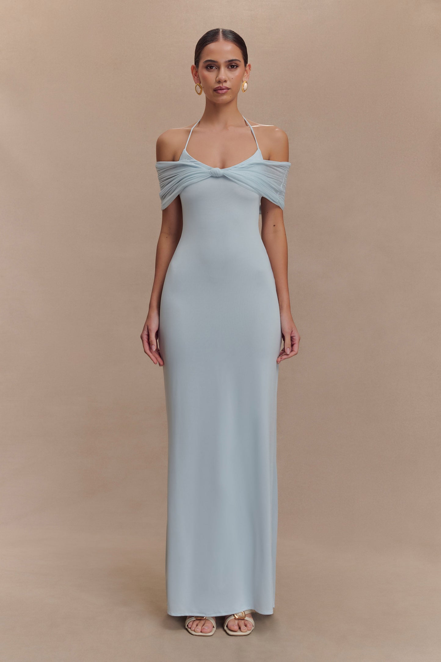 Bernadina Robe Maxi Halter en Maille et Tissu Élastique - Bleu Clair