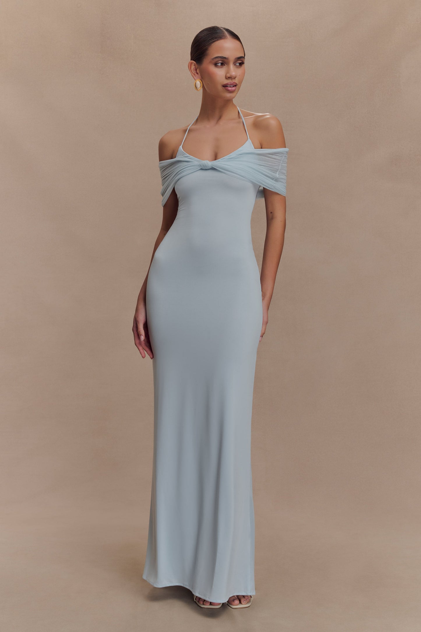 Bernadina Robe Maxi Halter en Maille et Tissu Élastique - Bleu Clair