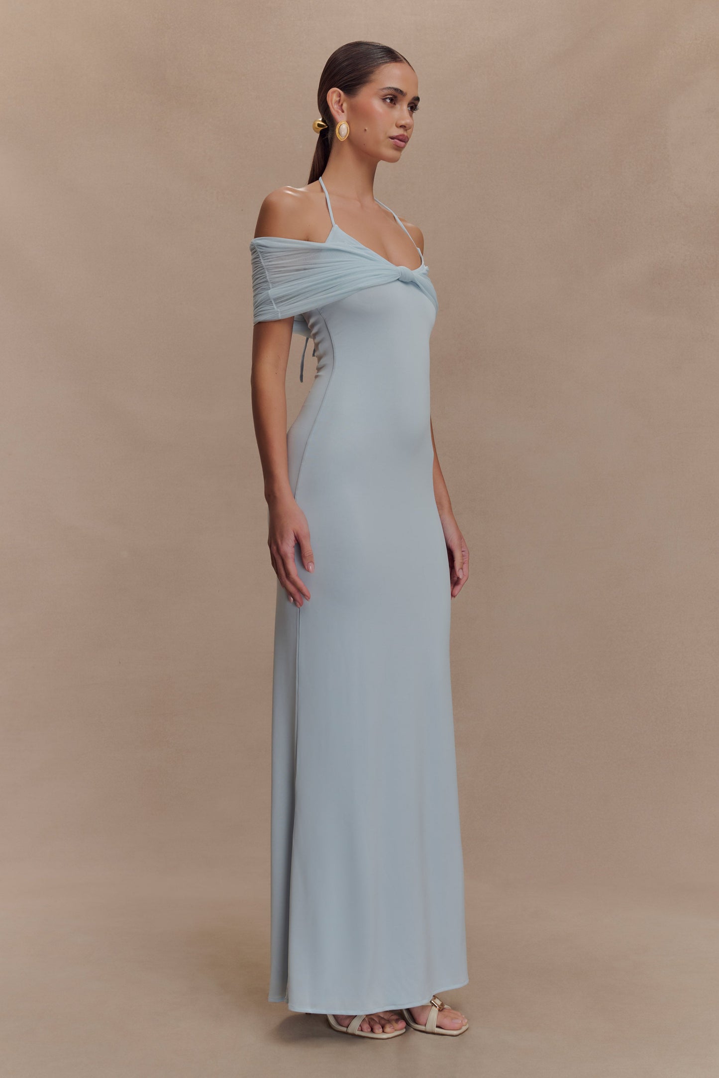 Bernadina Robe Maxi Halter en Maille et Tissu Élastique - Bleu Clair
