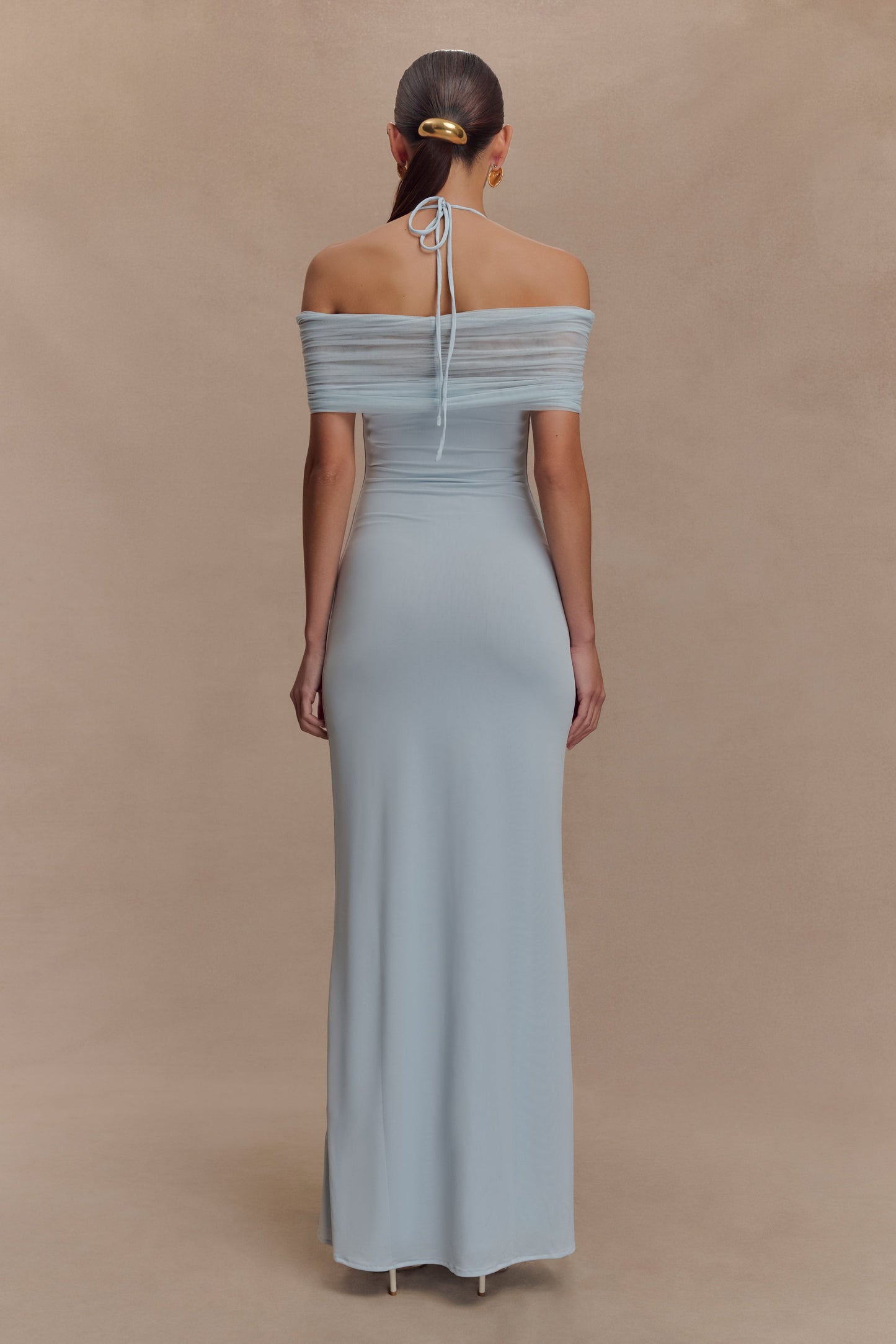 Bernadina Robe Maxi Halter en Maille et Tissu Élastique - Bleu Clair