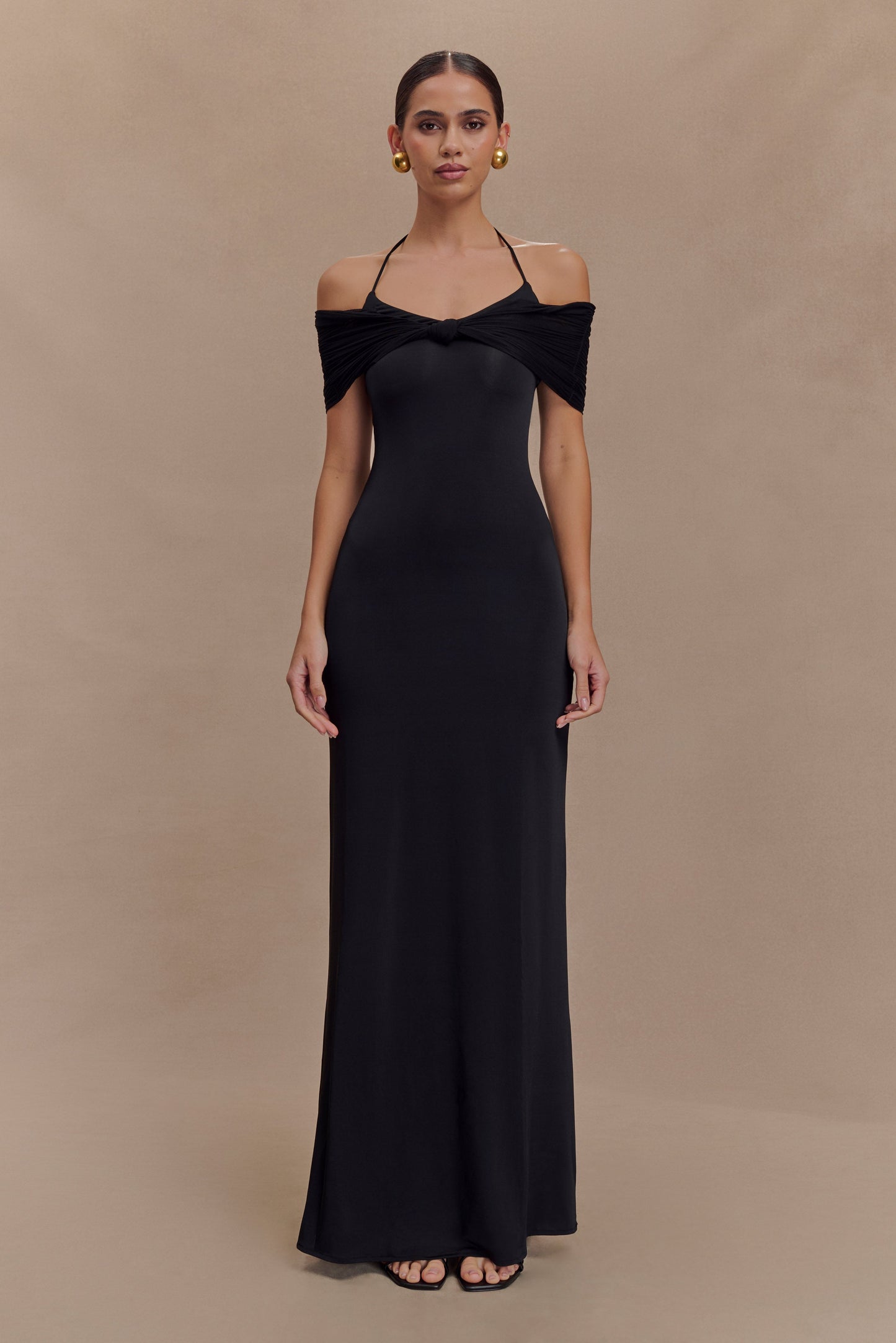 Bernadina Robe Maxi Halter en Maille et Tissu Élastique - Noir