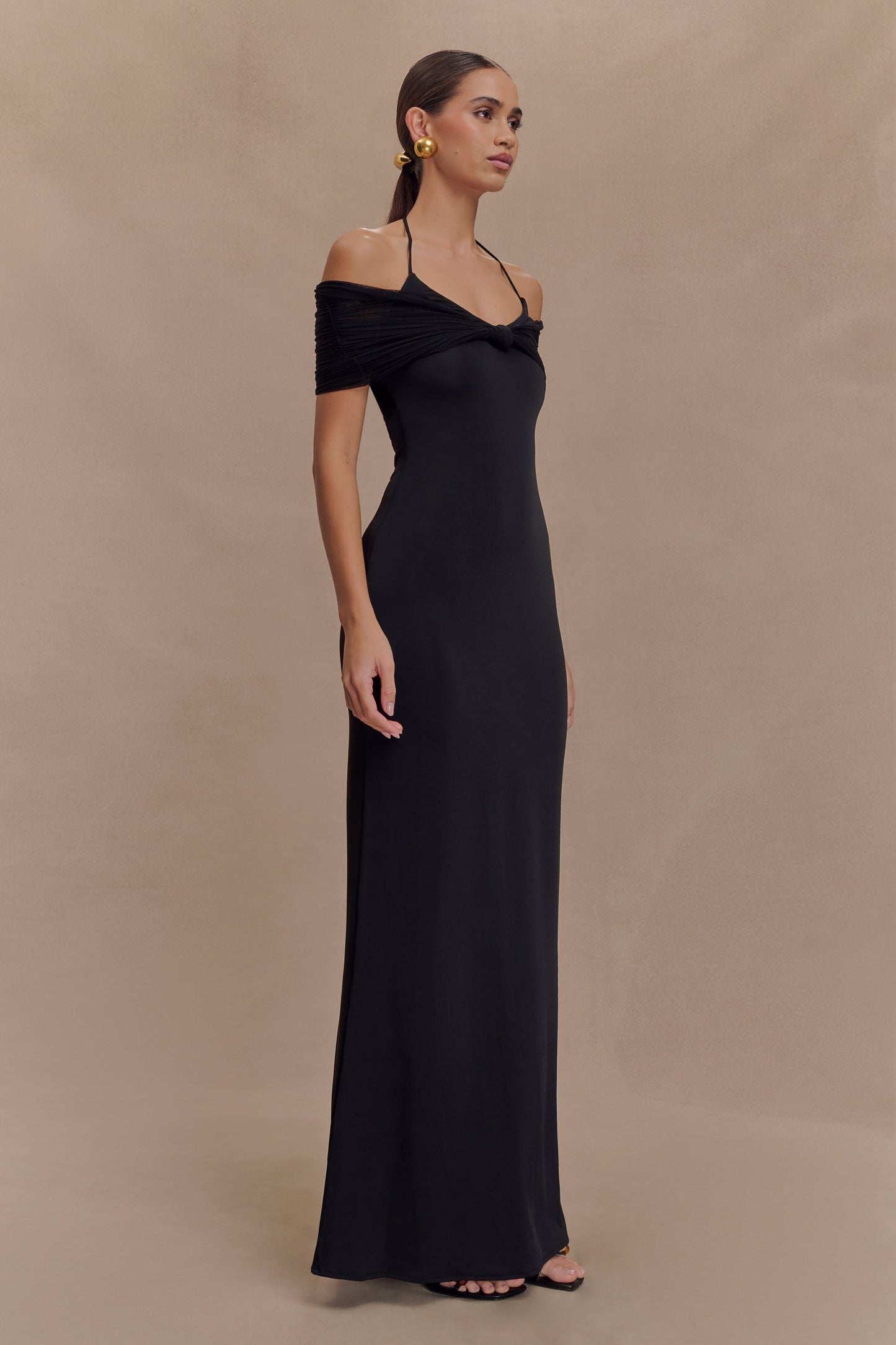 Bernadina Robe Maxi Halter en Maille et Tissu Élastique - Noir