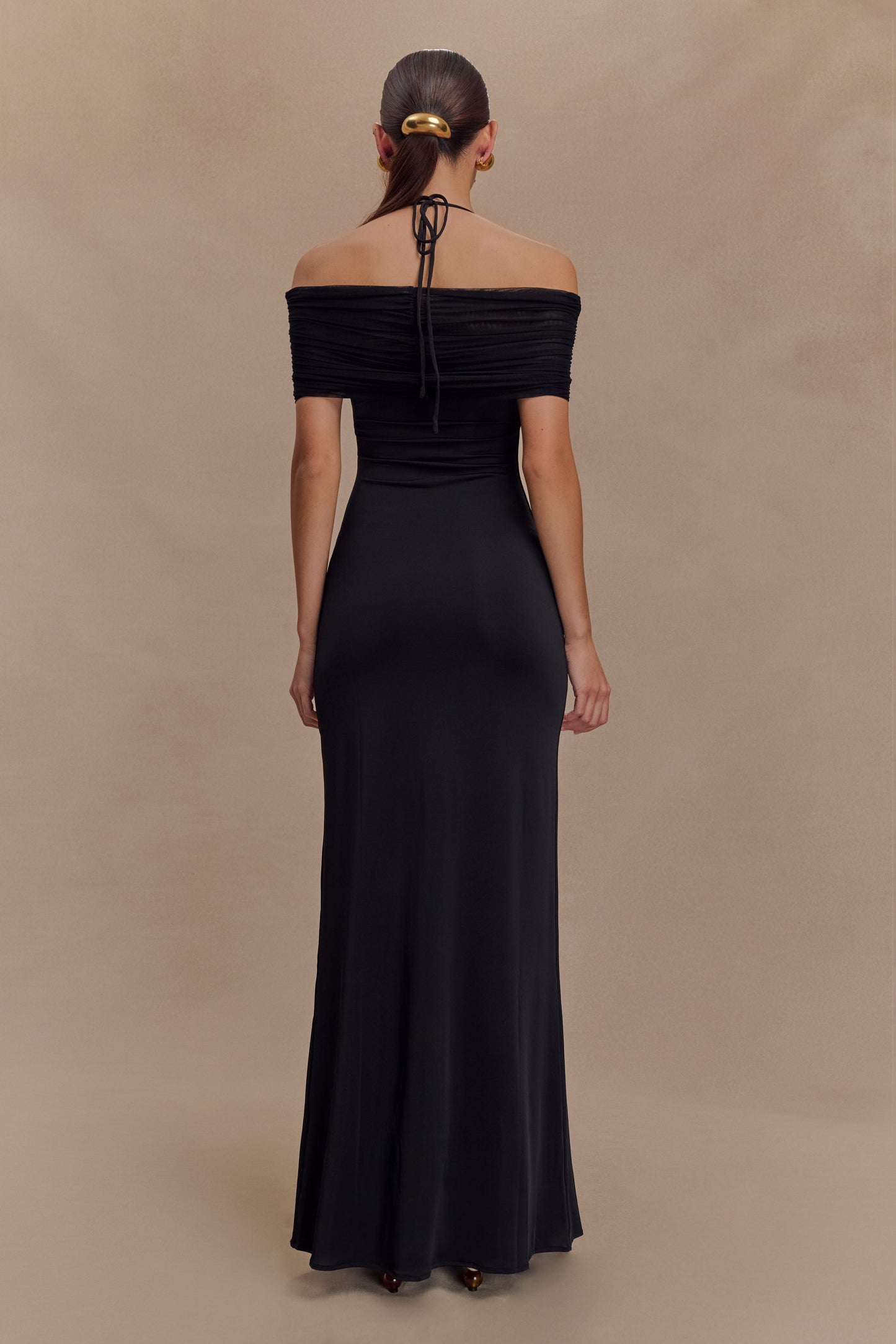 Bernadina Robe Maxi Halter en Maille et Tissu Élastique - Noir
