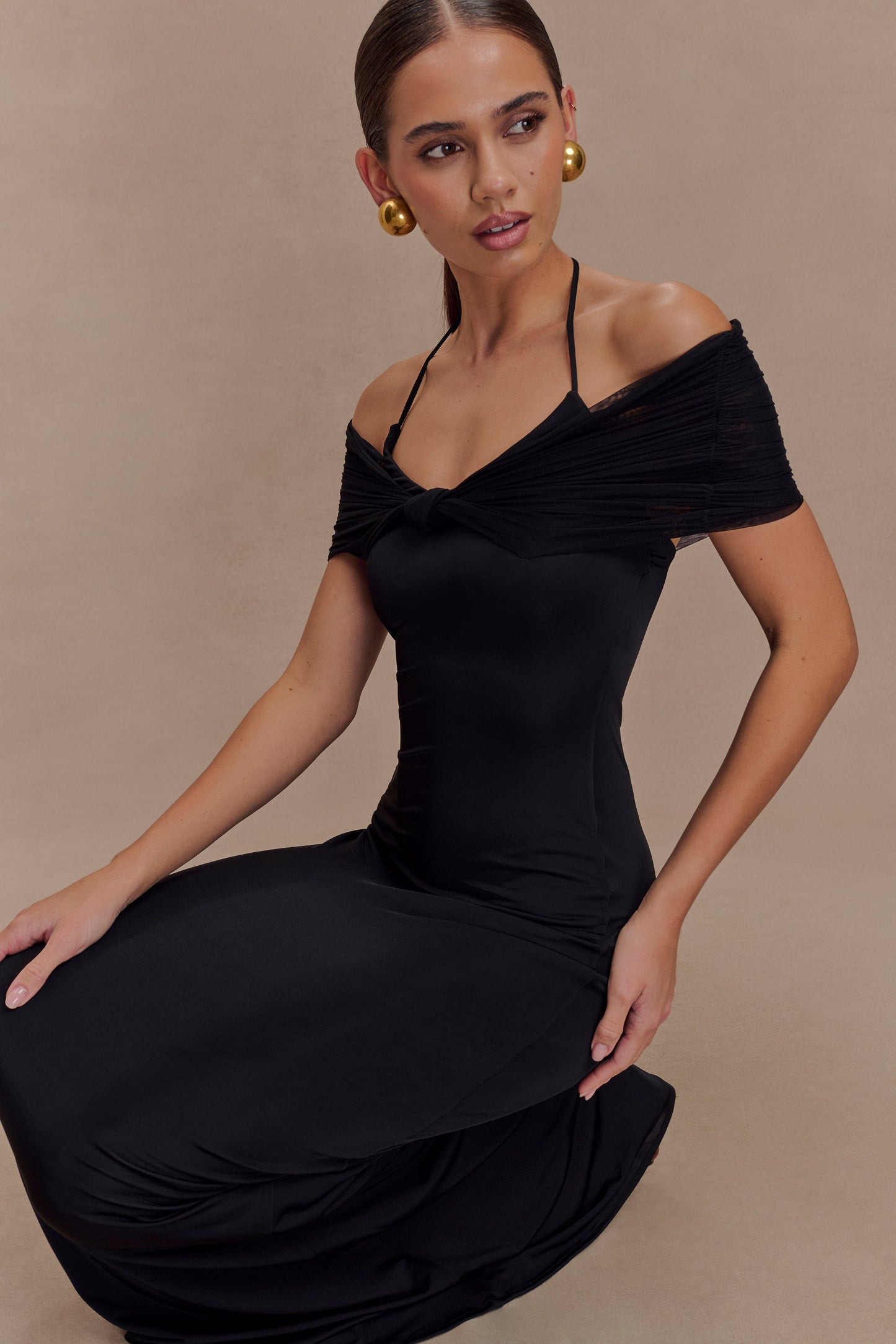 Bernadina Robe Maxi Halter en Maille et Tissu Élastique - Noir
