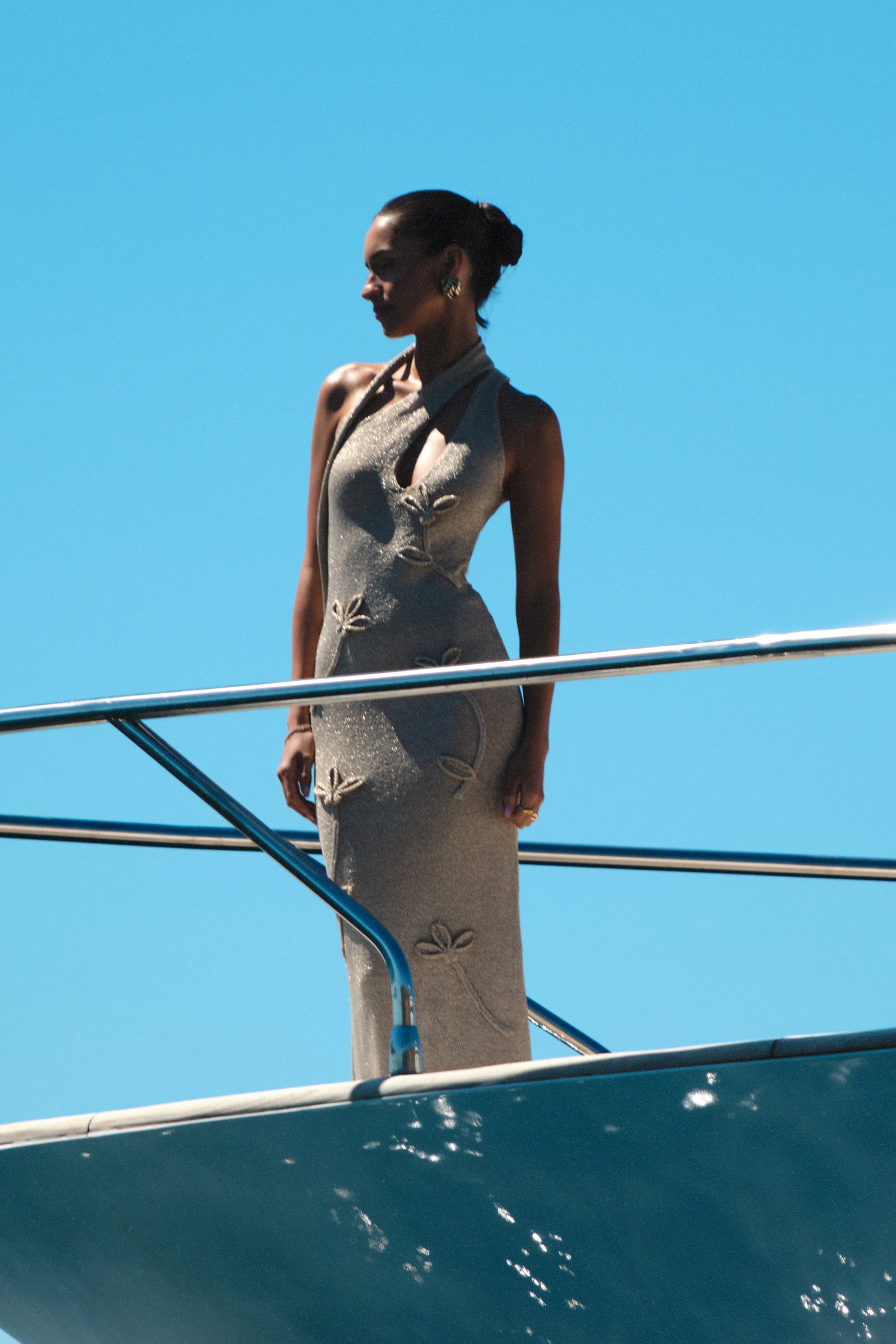 Robe Maxi en Tricot Métallique à Motifs Floraux Celestino - Or