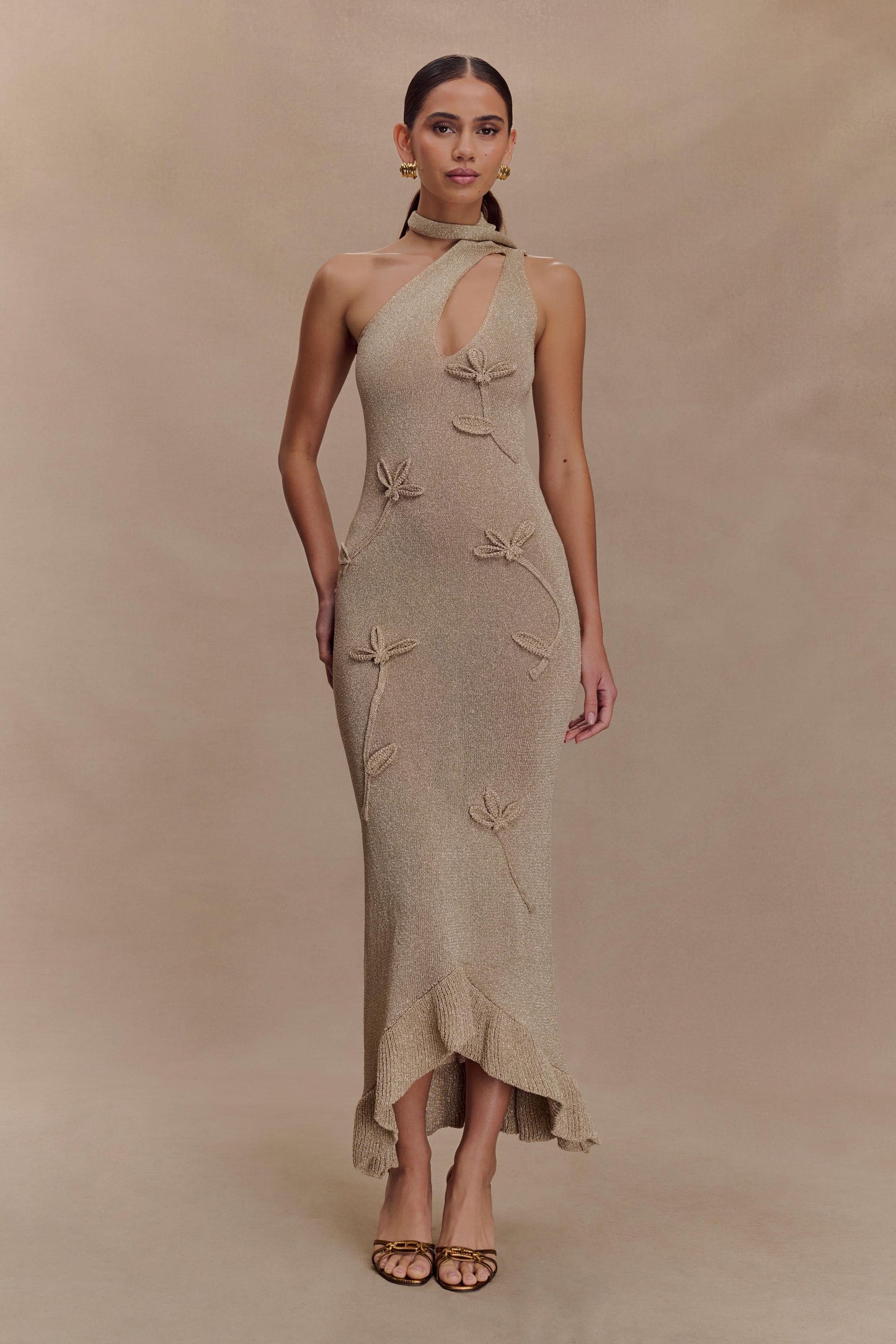 Robe Maxi en Tricot Métallique à Motifs Floraux Celestino - Or