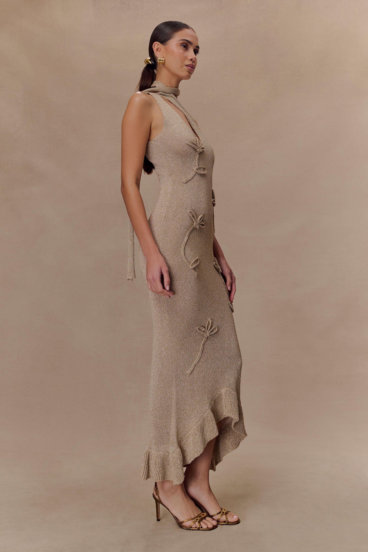 Robe Maxi en Tricot Métallique à Motifs Floraux Celestino - Or