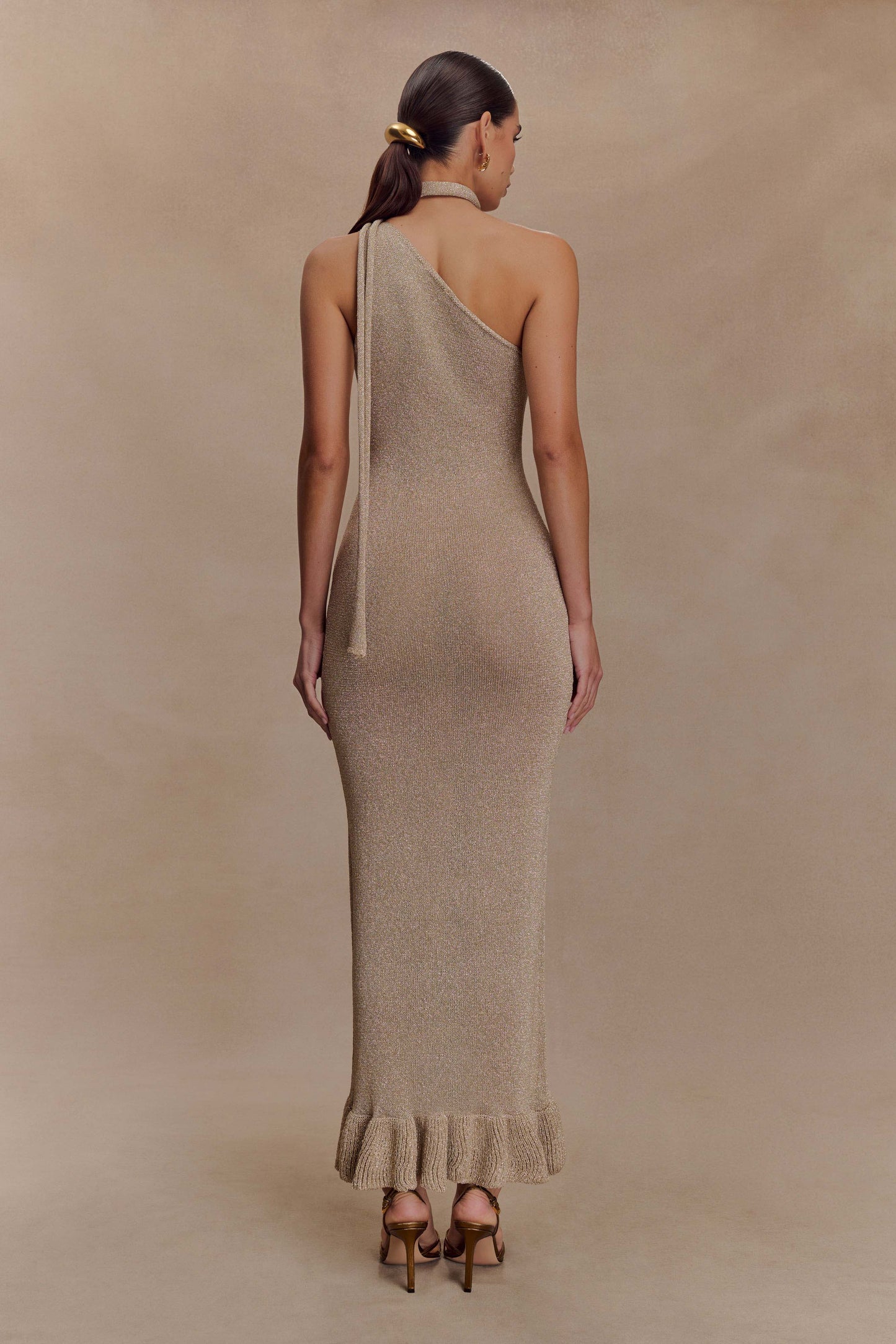 Robe Maxi en Tricot Métallique à Motifs Floraux Celestino - Or