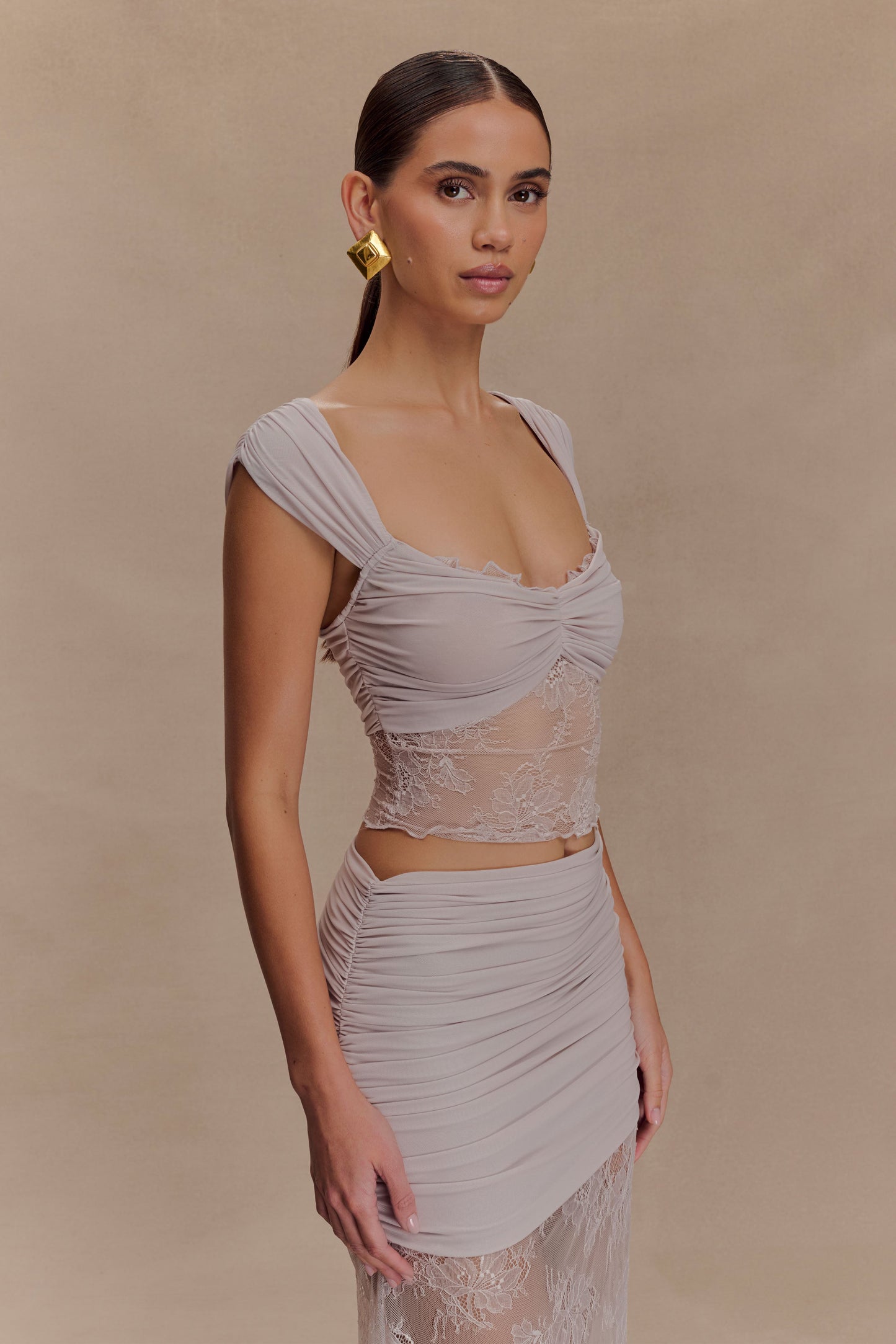 Top en dentelle et en maille Guinevere - Lilas