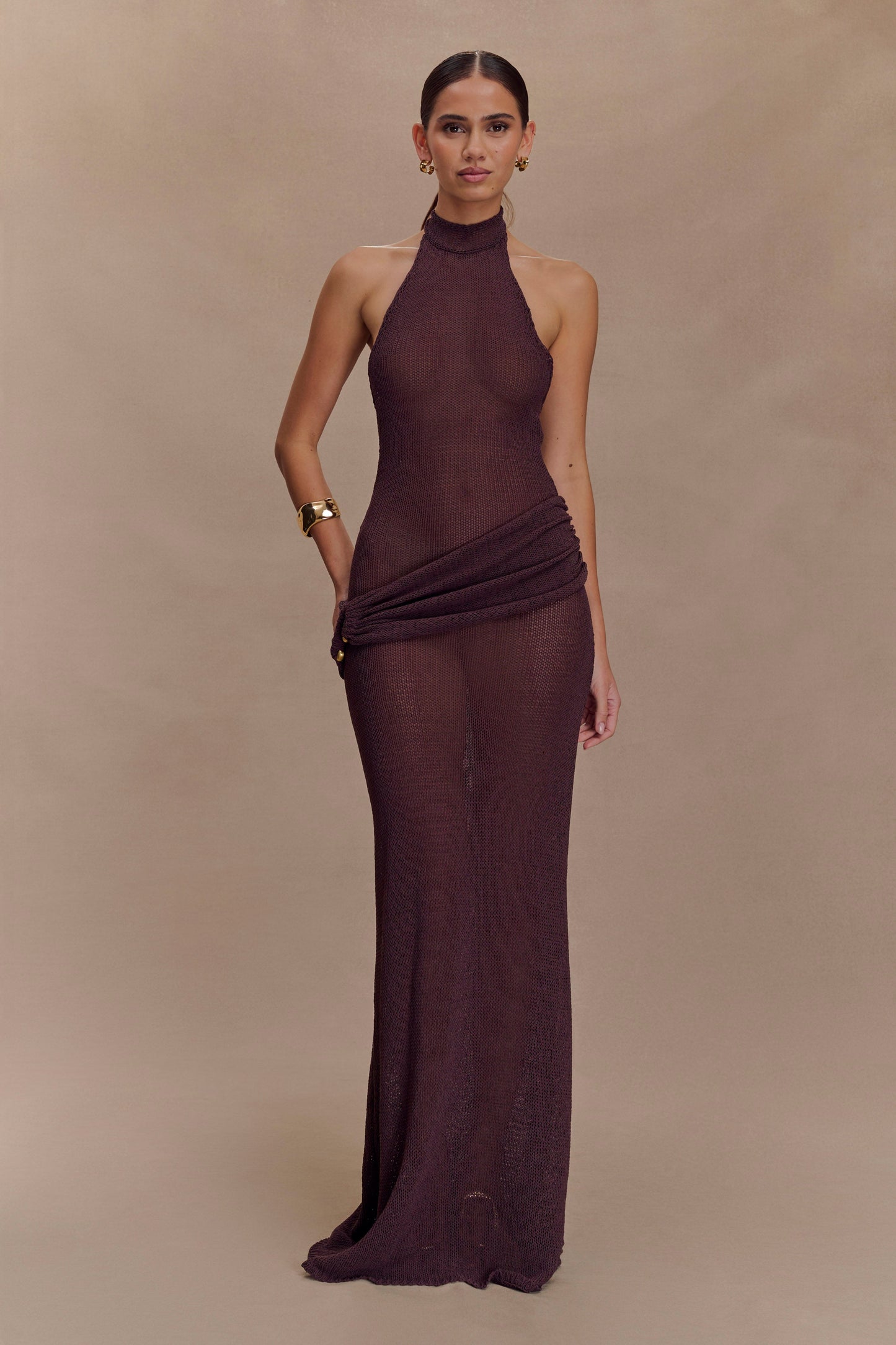 Robe Maxi en Tricot à Manches Frangées Reece - Chocolat