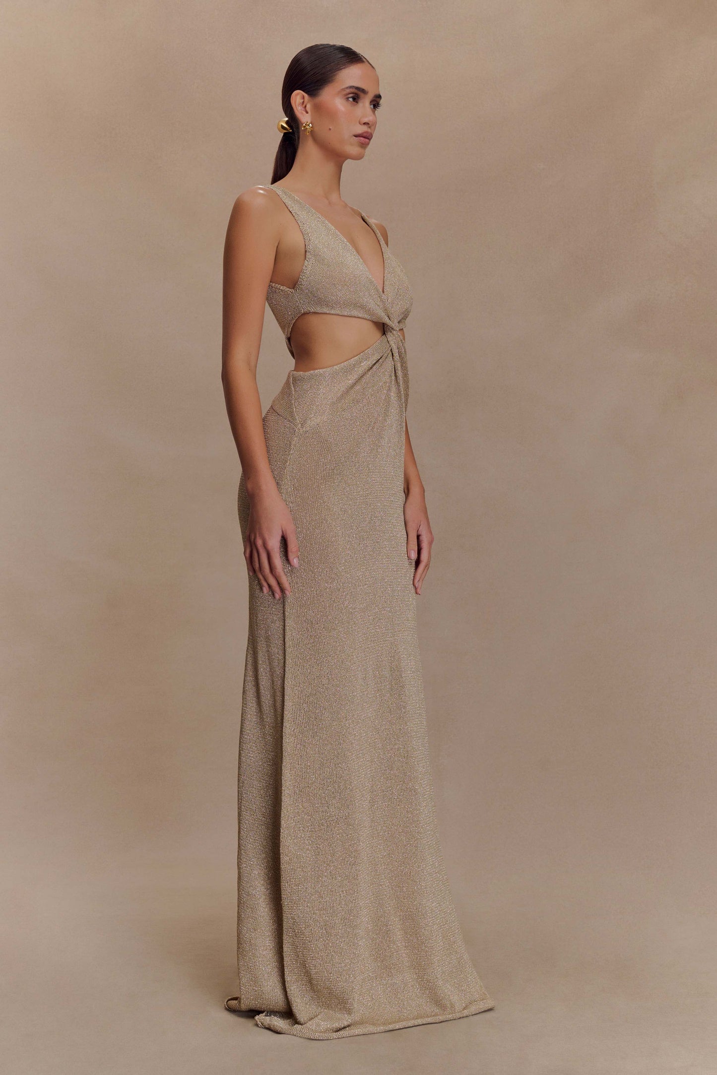 Robe Maxi Tricotée Métallique à Faille Gracelyn - Or