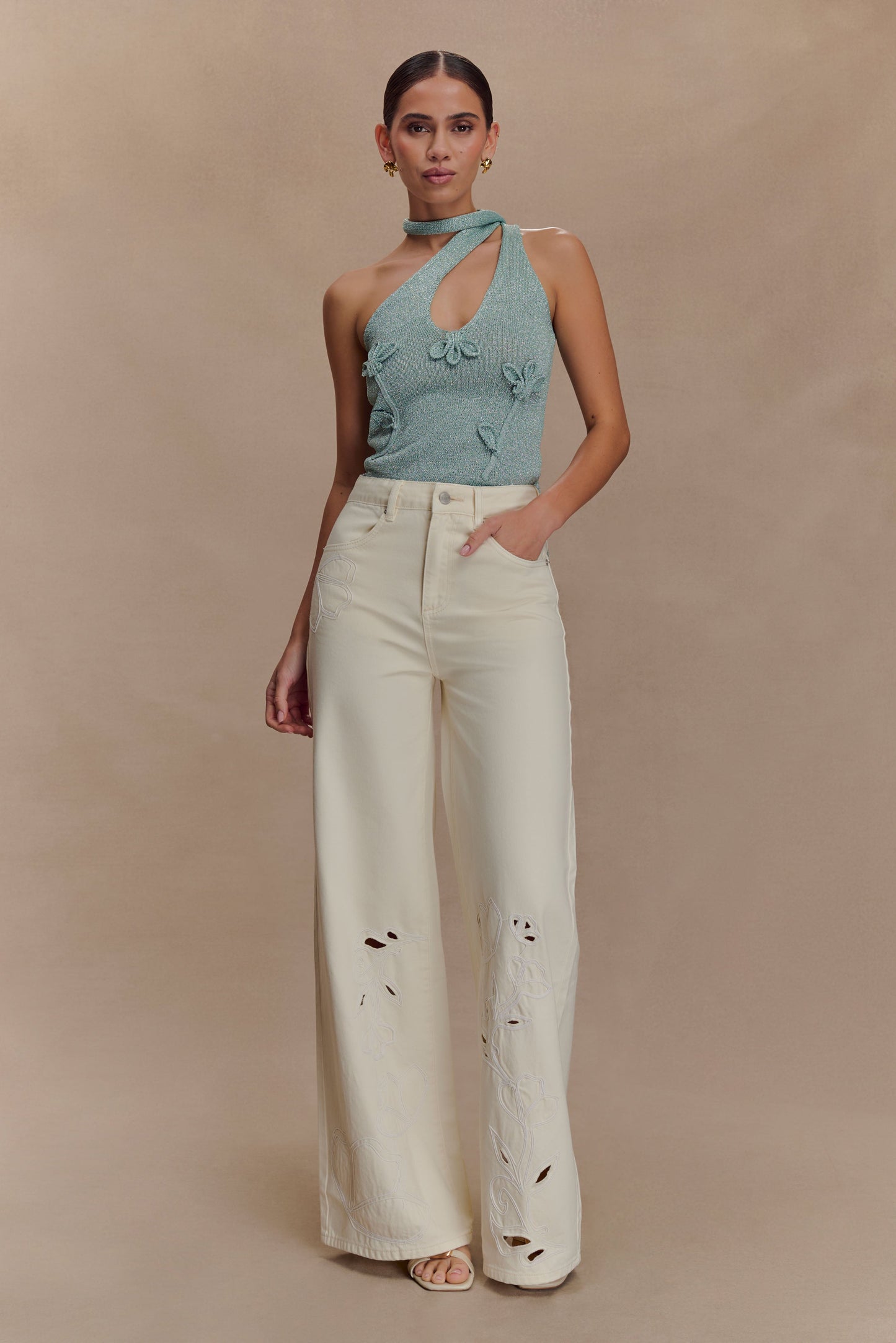 Top en tricot métallisé à une épaule Leone - Aqua
