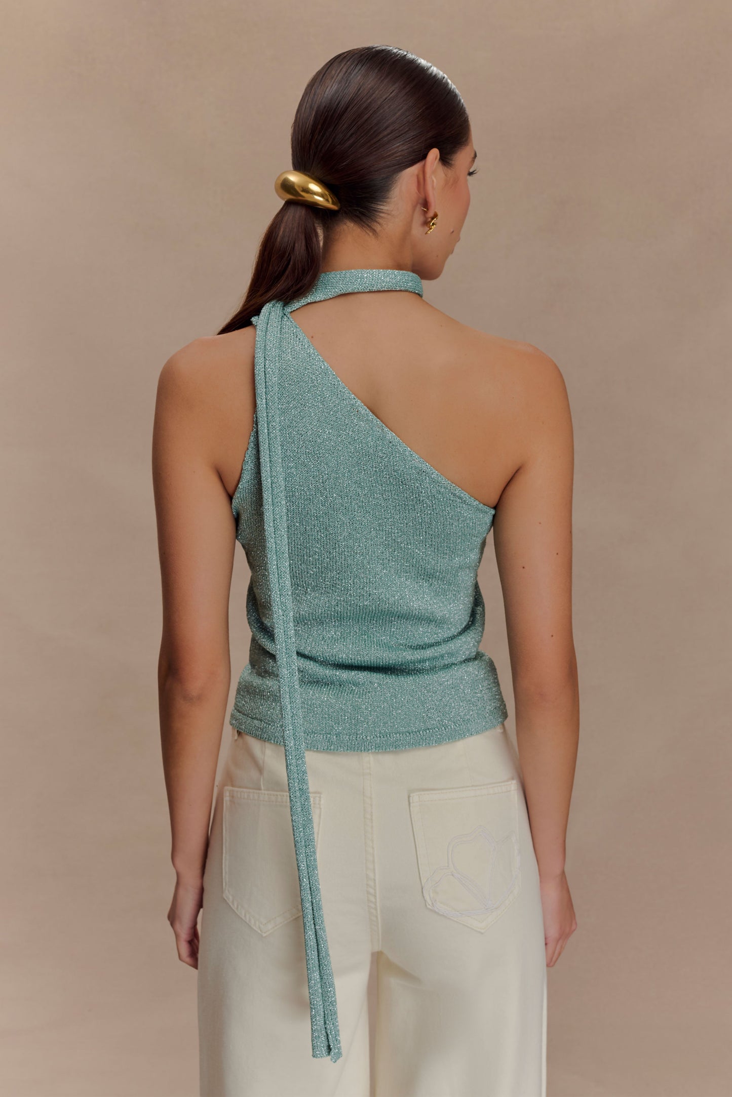 Top en tricot métallisé à une épaule Leone - Aqua