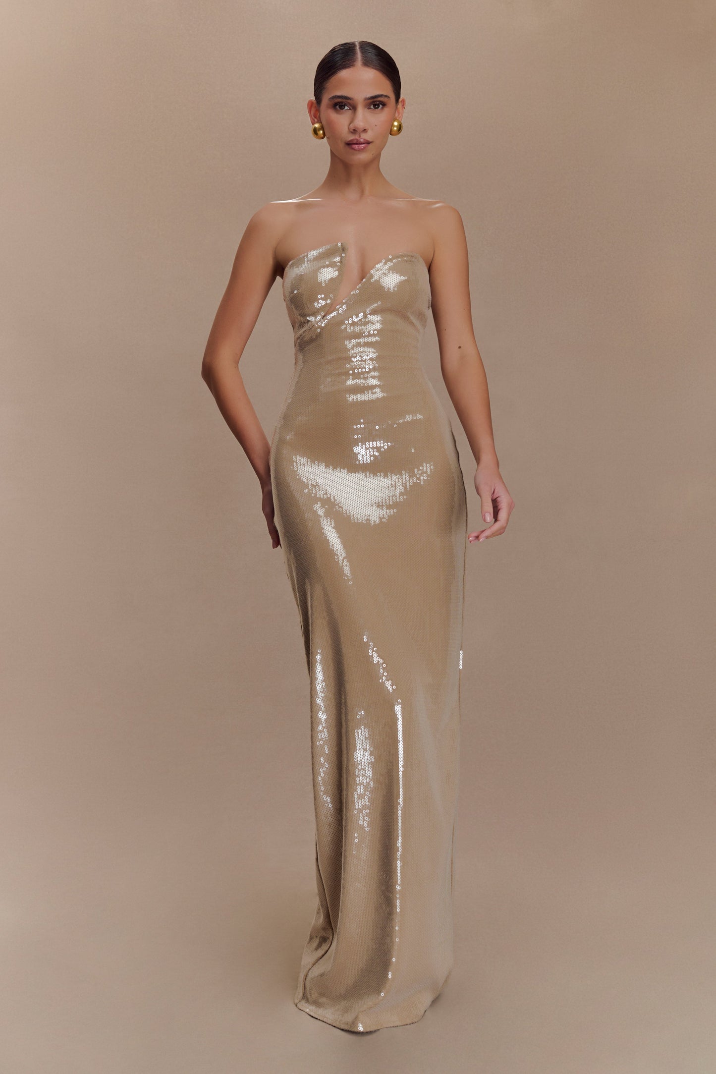 Robe Maxi sans Bretelles à Paillettes Winston - Taupe
