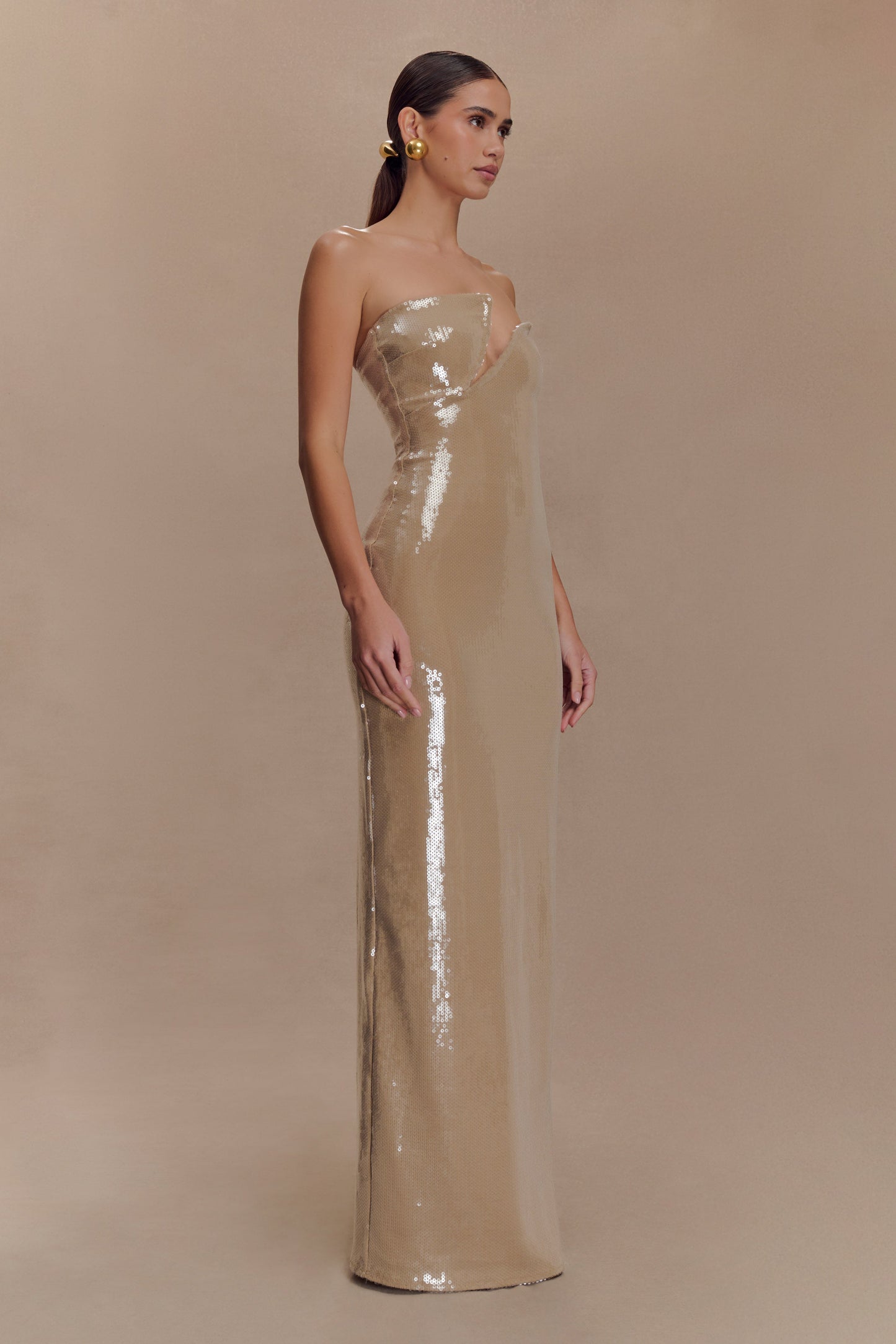 Robe Maxi sans Bretelles à Paillettes Winston - Taupe