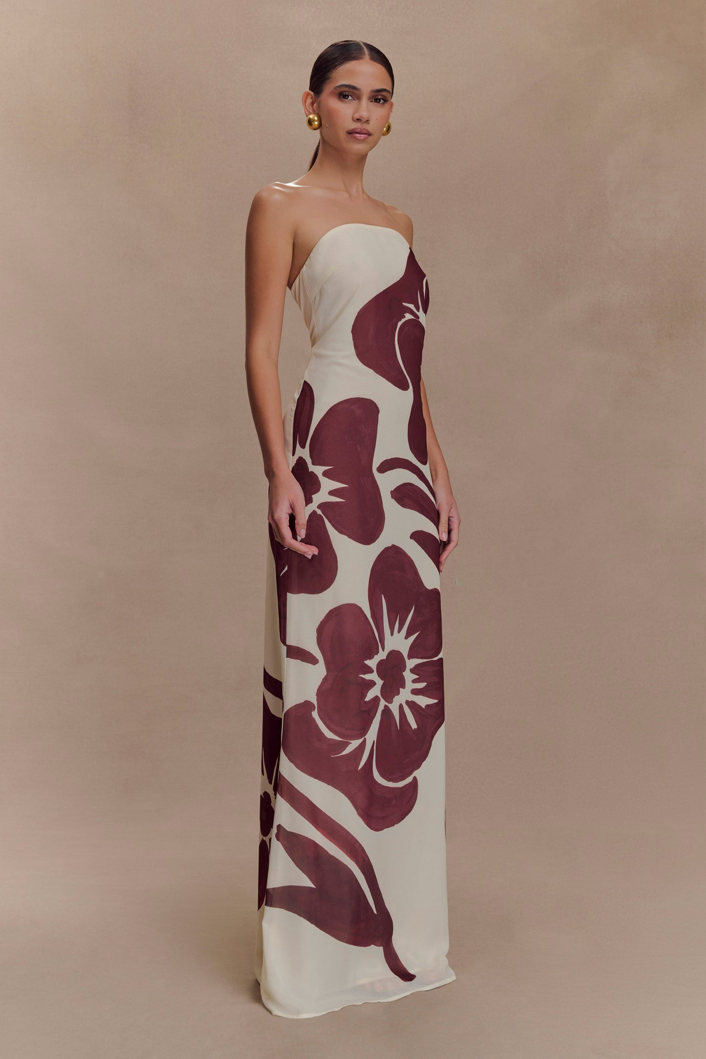 Robe Maxi en Chiffon sans Bretelles Amaya - Imprimé Fleur Déco Brun